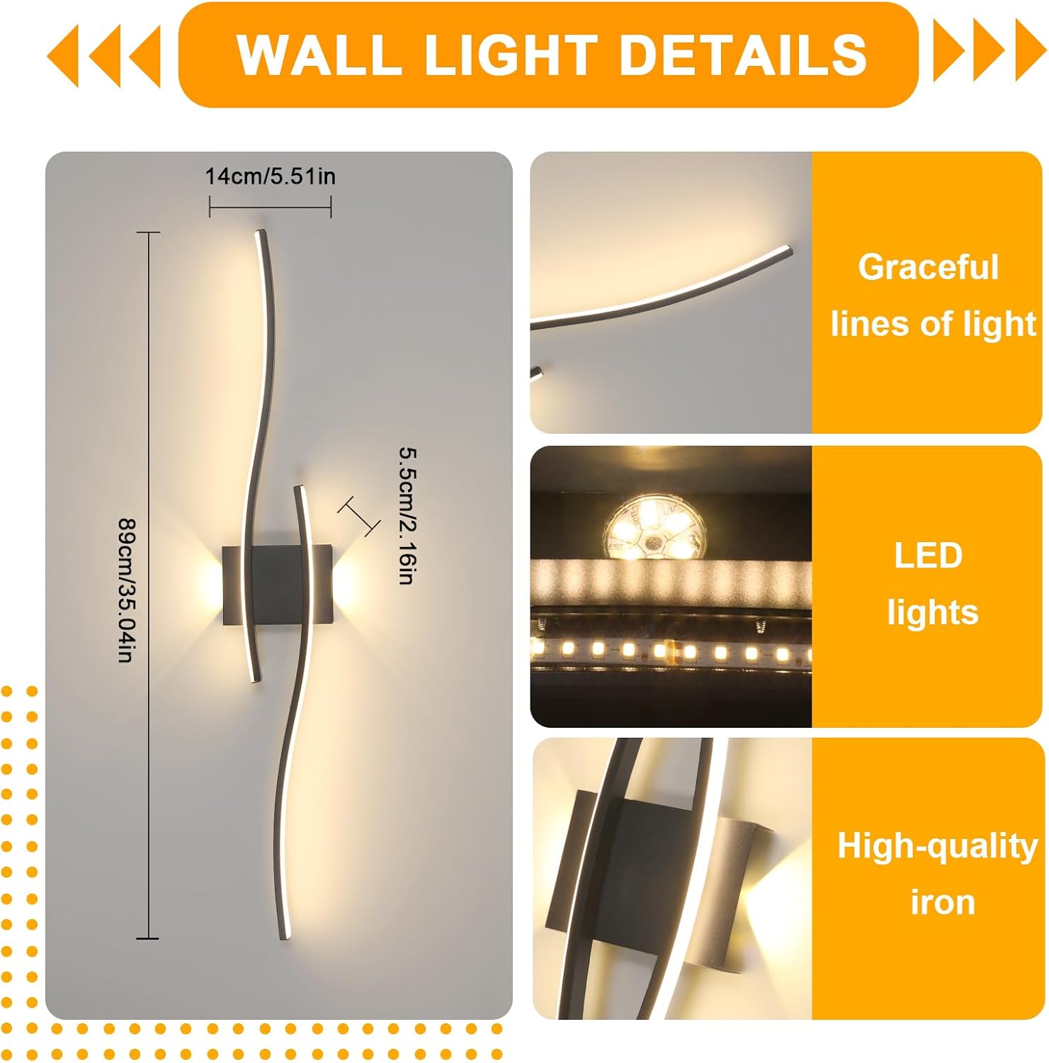 Applique LED da Parete Interno 89CM 27W, Nero - immagine 3