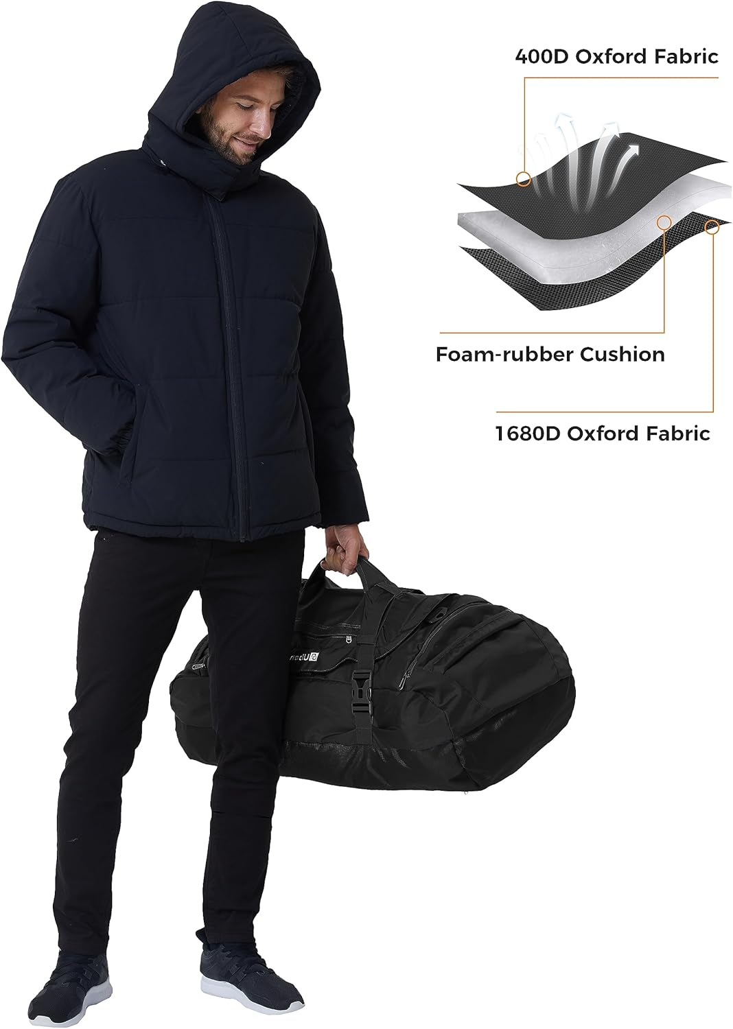 Ubon Borsone da Viaggio Grande 55L, Nero - immagine 5