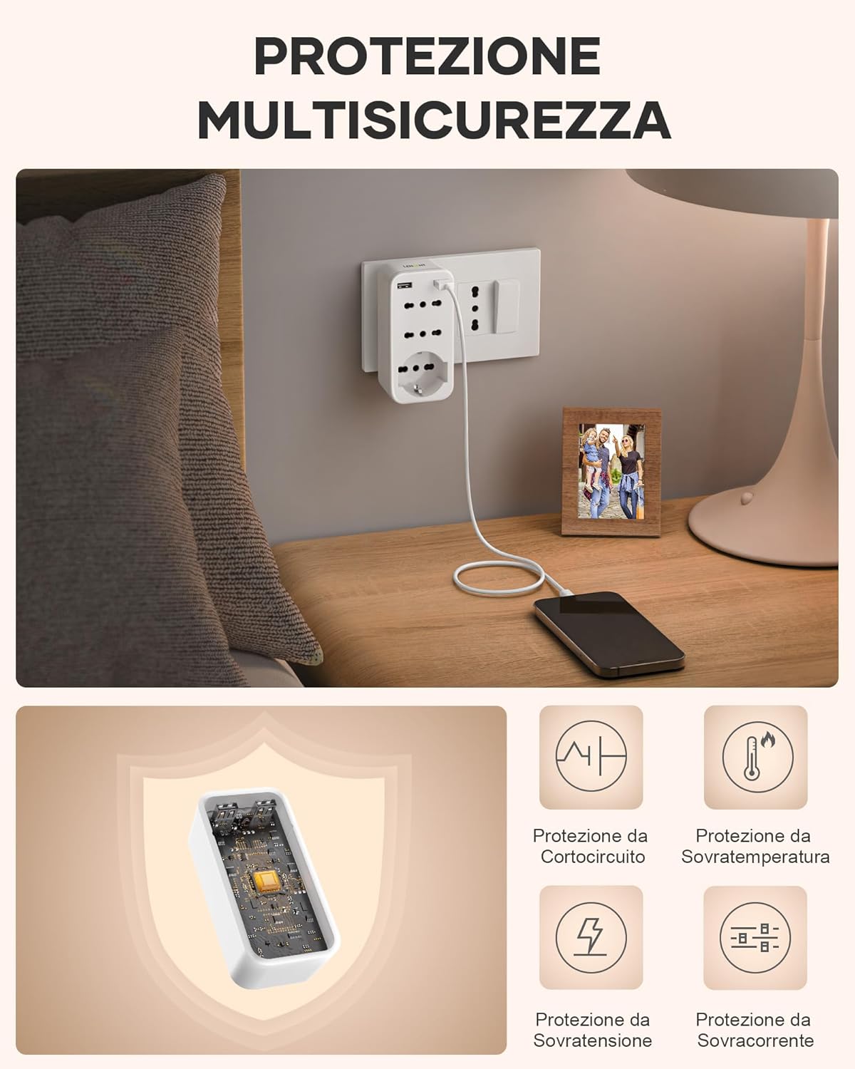 Lencent Presa Multipla USB Salvaspazio 4000W, Bianca - immagine 5