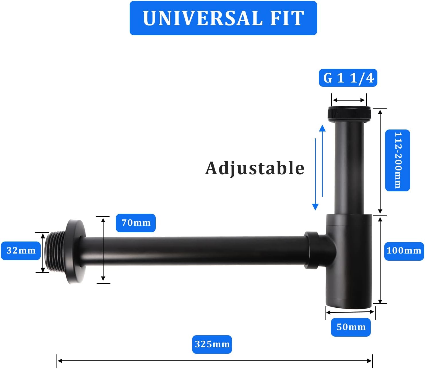 OPERMAXER Sifone di Design 200mm, 1 1/4 x 32mm, Nero Opaco - immagine 3