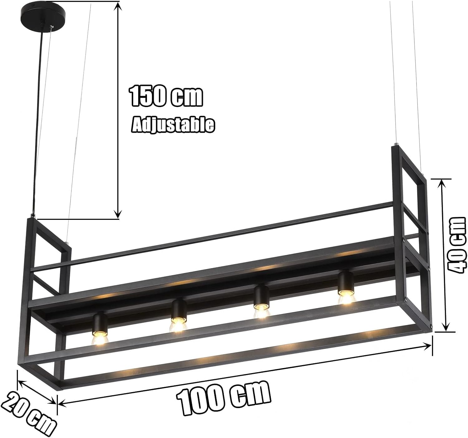 Lampada a Sospensione Rettangolare Moderna Nera, 4 Teste - immagine 2