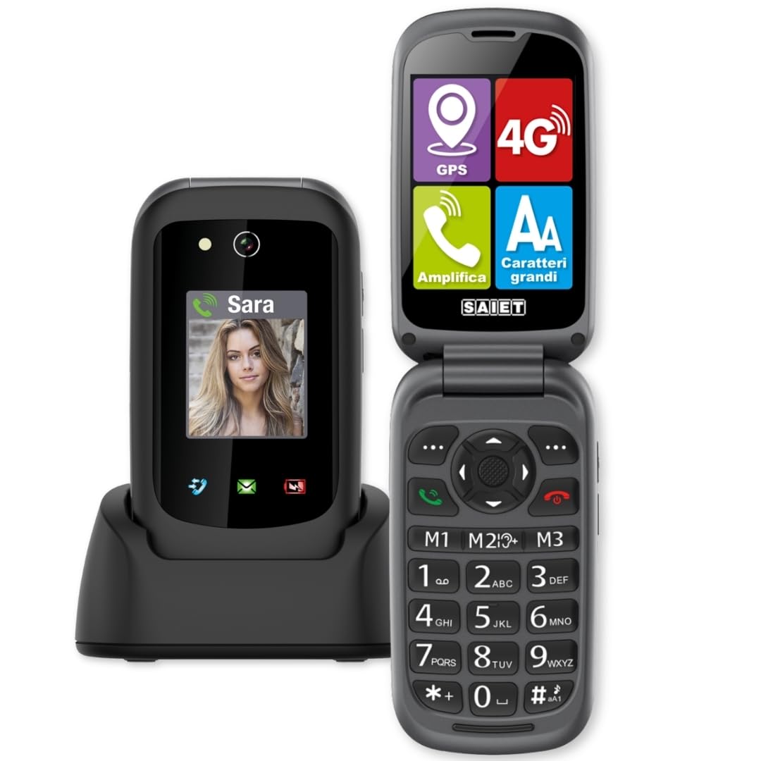 SAIET Prime GPS Cellulare per Anziani 4G con Tasto SOS, Localizzazione GPS, Doppio Display e Audio Potenziato, con Base di Ricarica e Torcia LED – Facile da Usare, Sicuro e Affidabile - Nero