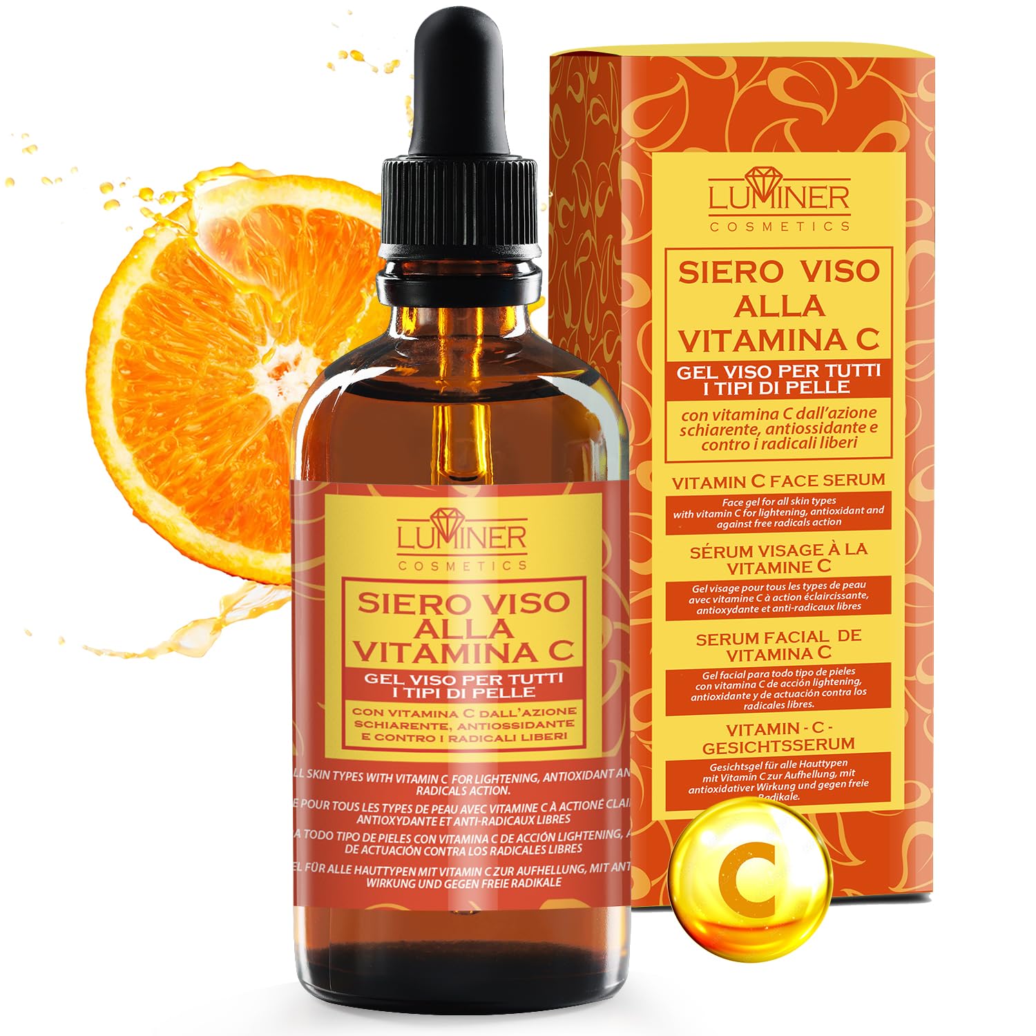 Siero Vitamina C 100ml, Siero Viso Acido Ialuronico, Formula Naturale Antirughe con Aloe Vera e Vitamina C-E, Contorno Occhi Idratante e Rimpolpante Made in Italy LUMINER