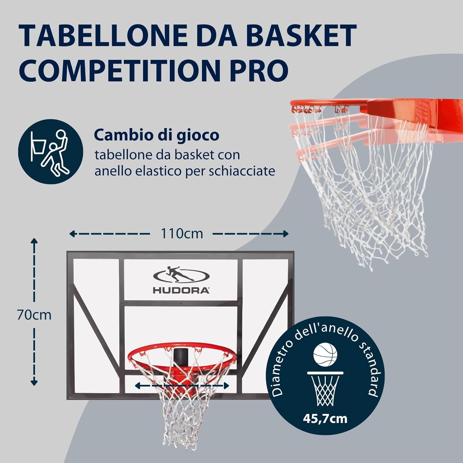 HUDORA Canestro da basket Board Competition Pro - Canestro da basket con anello per schiacciate da parete per bambini e adulti - Canestro da basket da giardino con tabellone trasparente - immagine 2