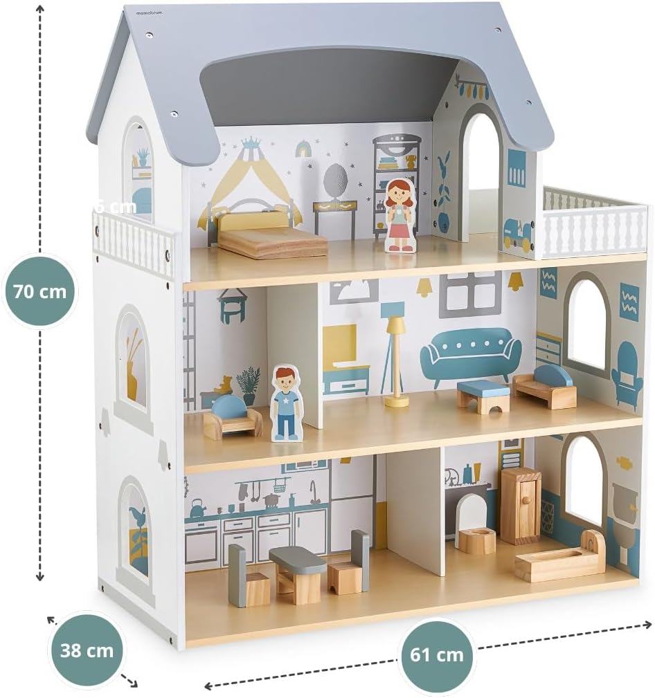 Mamabrum Casa delle Bambole in Legno con Terrazza, 70,4cm - immagine 7