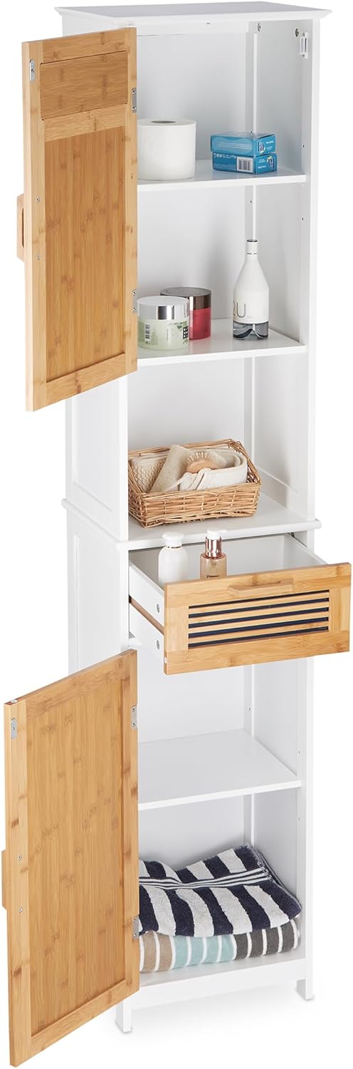 Relaxdays Mobile Bagno a Colonna 180x39x30 cm, Bianco/Marrone