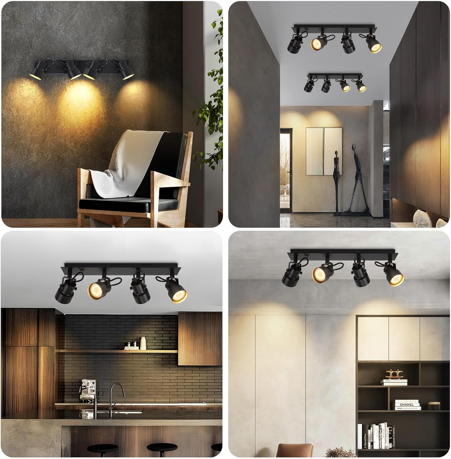 Cbjktx Faretto da Soffitto 4 Luci Orientabili, Nero - immagine 2