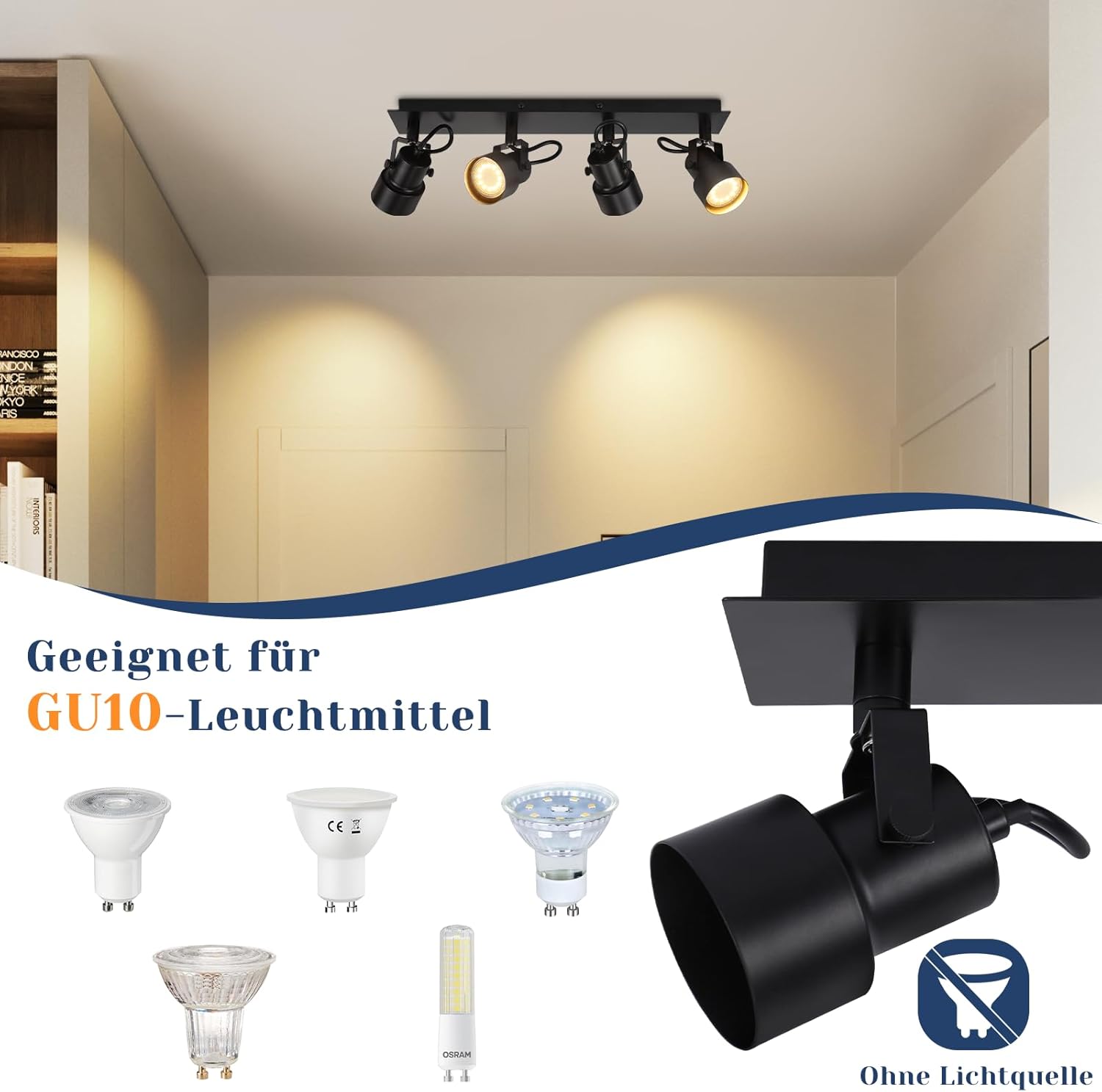 Cbjktx Faretto da Soffitto 4 Luci Orientabili, Nero - immagine 5