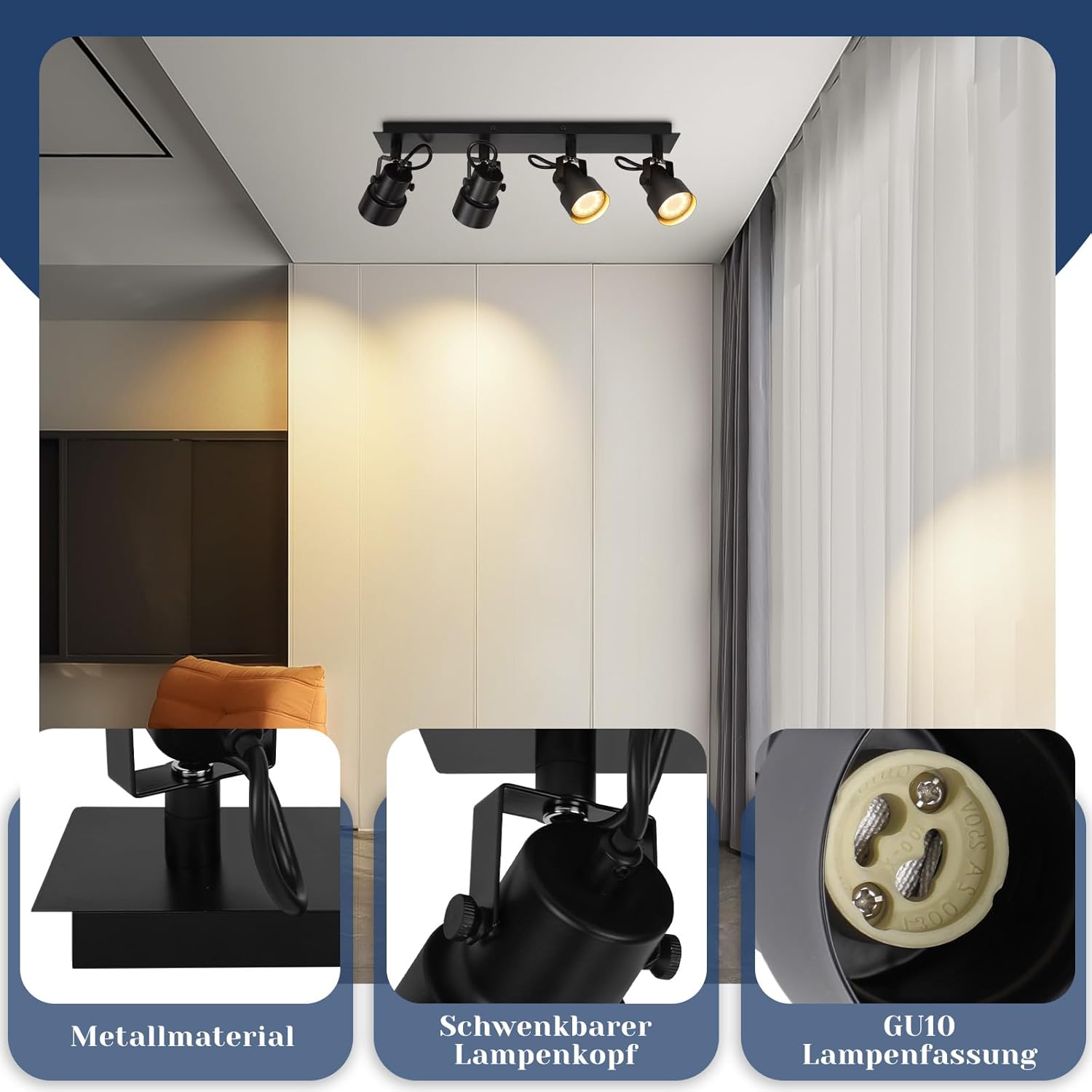 Cbjktx Faretto da Soffitto 4 Luci Orientabili, Nero - immagine 6