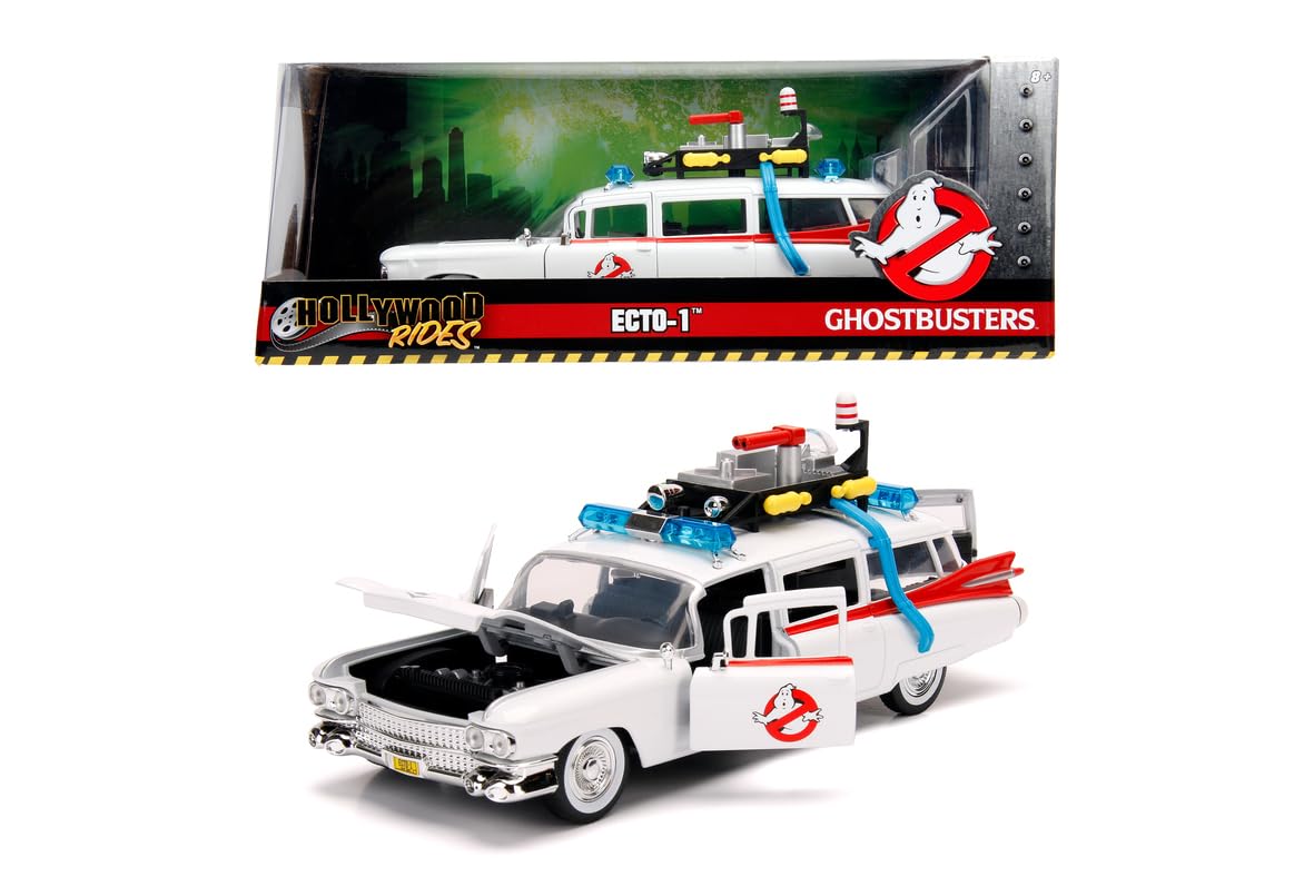 Jada Giocattoli Ghostbusters ECTO-1 Metallizzato Scala 1:24, Modello Collezionabile con Porte, Cofano e Bagagliaio Pieghevoli, Interni dettagliati e Finiture realistiche per Fan da 8 anni