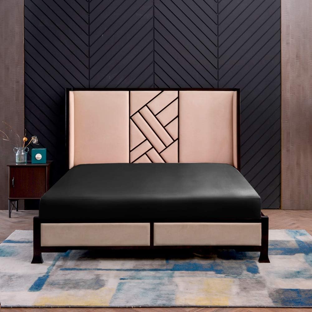 THXSILK Lenzuolo con Angoli in Seta 180x200cm, Nero