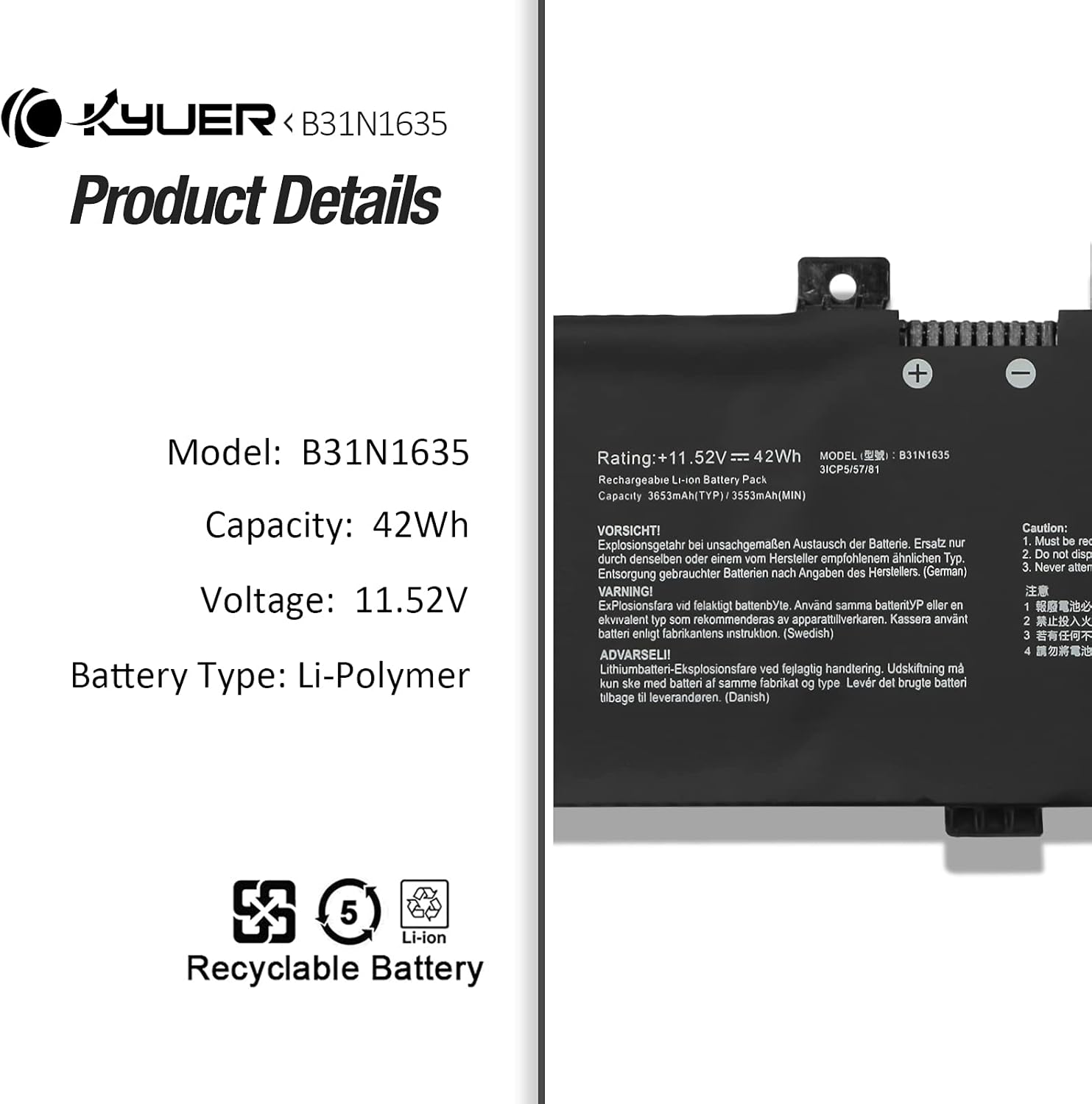 K Kyuer B31N1635 Batteria per ASUS VivoBook - immagine 2