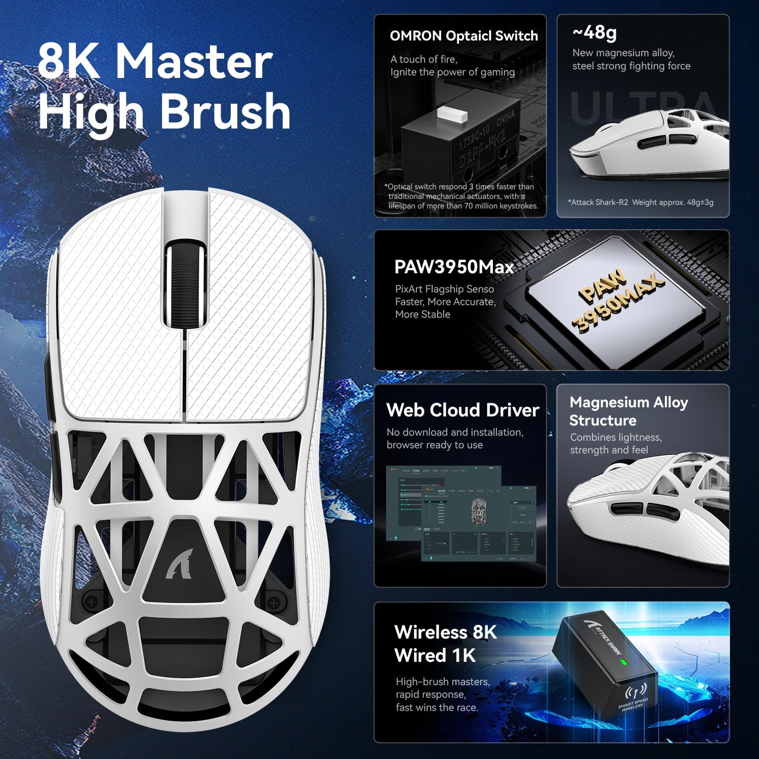 Attack Shark R2 Mouse Gaming Wireless 8K 48g, White - immagine 3