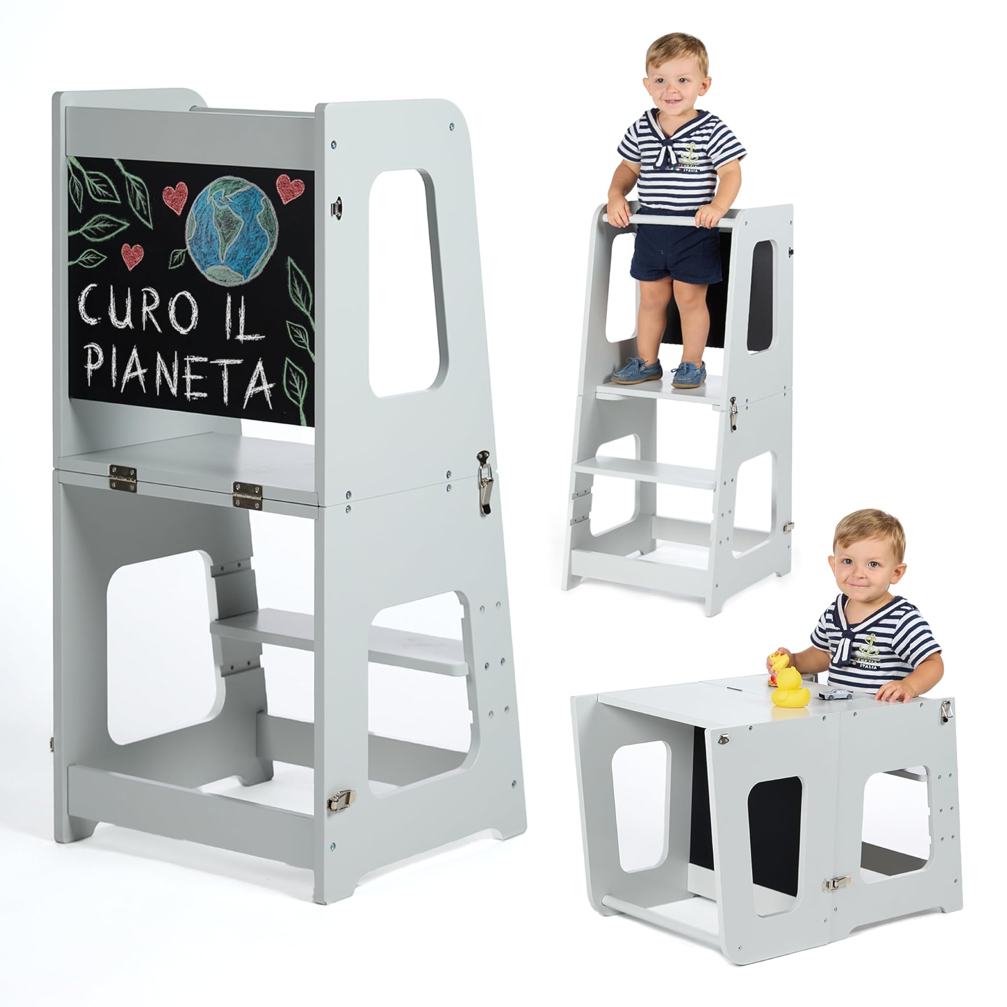 Torre Montessoriana Bambini 3 in 1 Convertibile, Grigio Perla