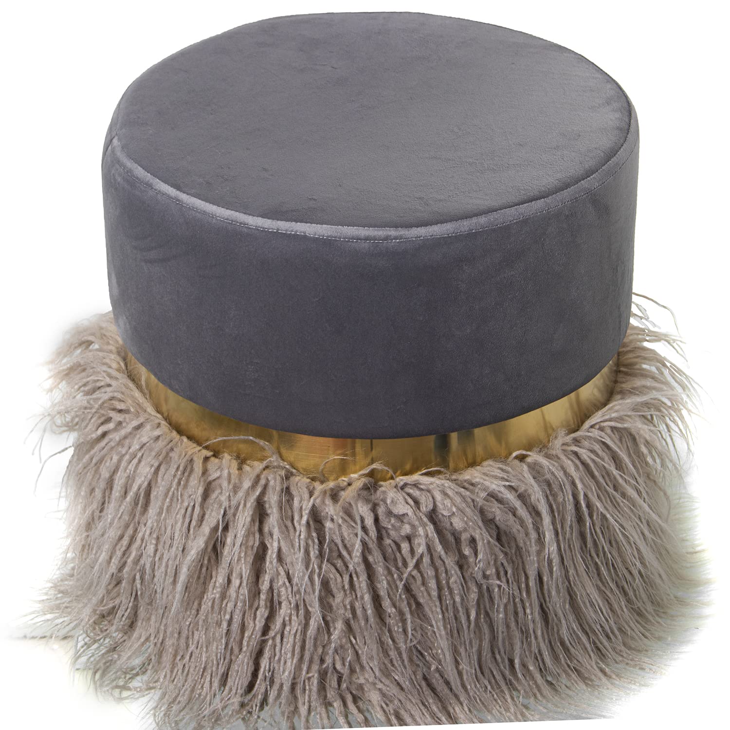Drw Pouf Rotondo in Velluto Grigio con Frangia