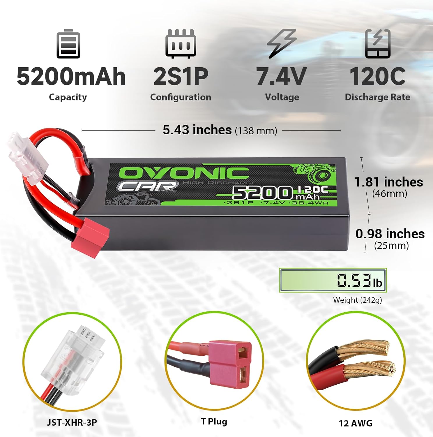 Ovonic Batteria Lipo 2s 7,4V 5200mAh 120C (2 pezzi) - immagine 2