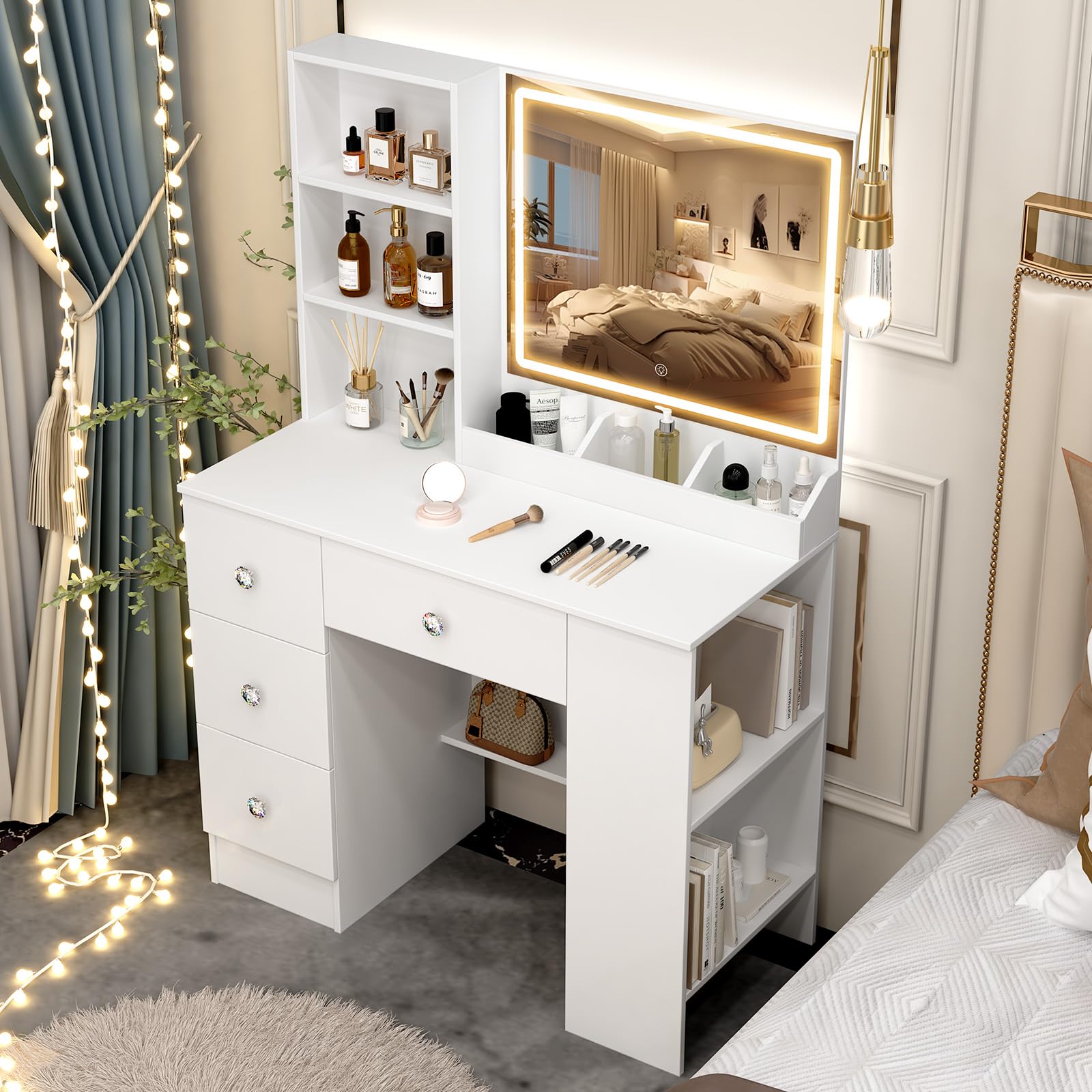 Toeletta Scrivania Trucco con Specchio e Luci LED