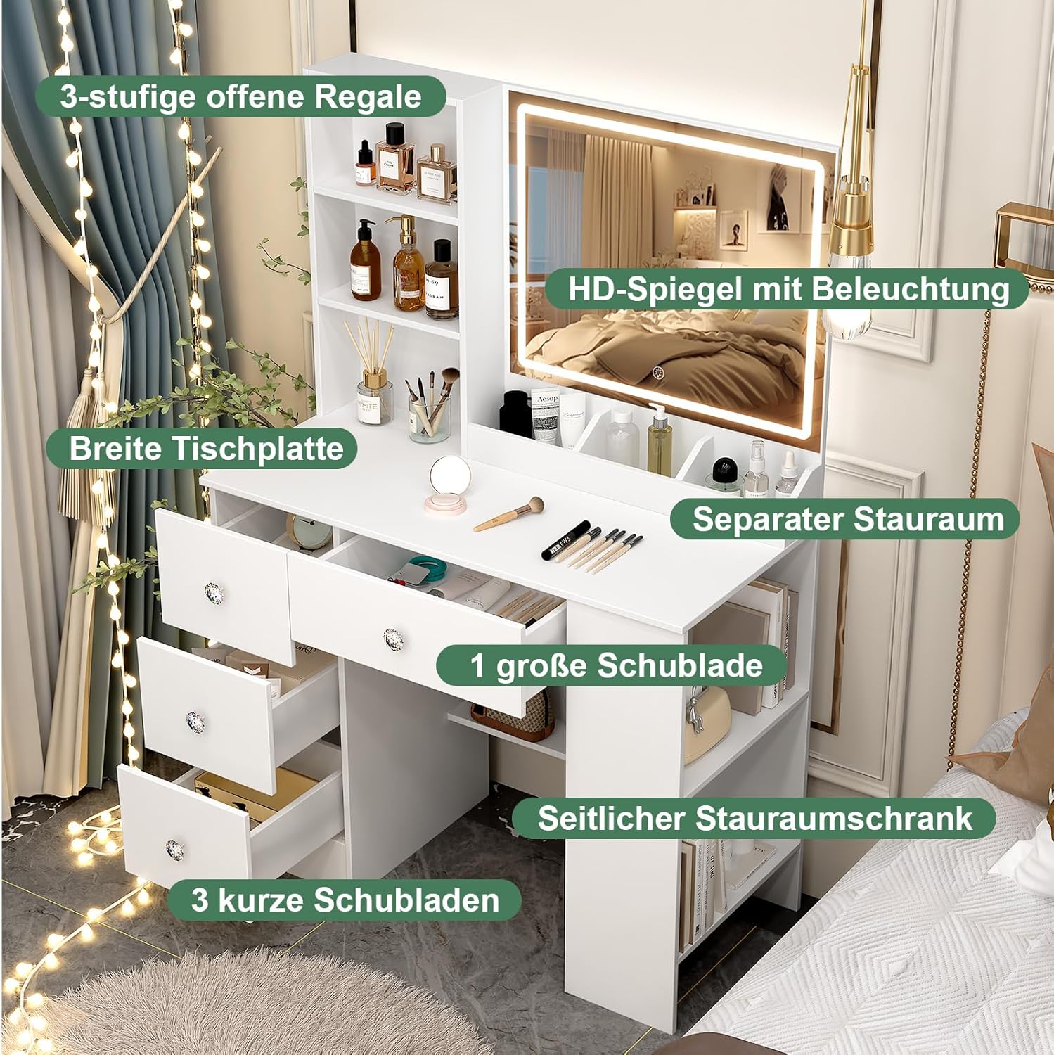 Toeletta Scrivania Trucco con Specchio e Luci LED - immagine 3