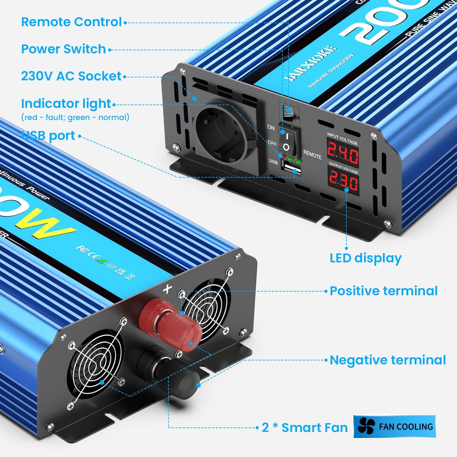 Inverter 24v 220v Onda Pura 2000W con Telecomando - immagine 6