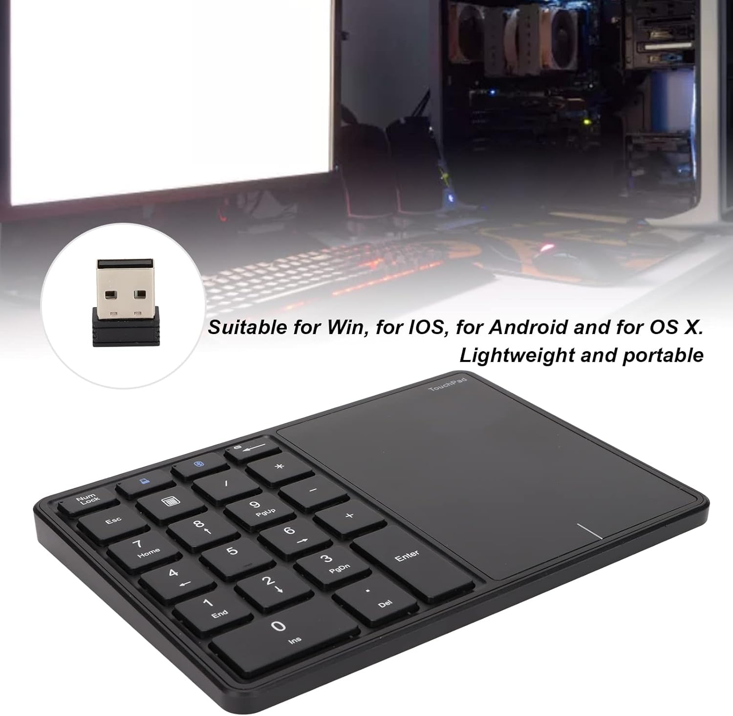 Tastierino Numerico Wireless 2 in 1 con Touchpad, Nero - immagine 2