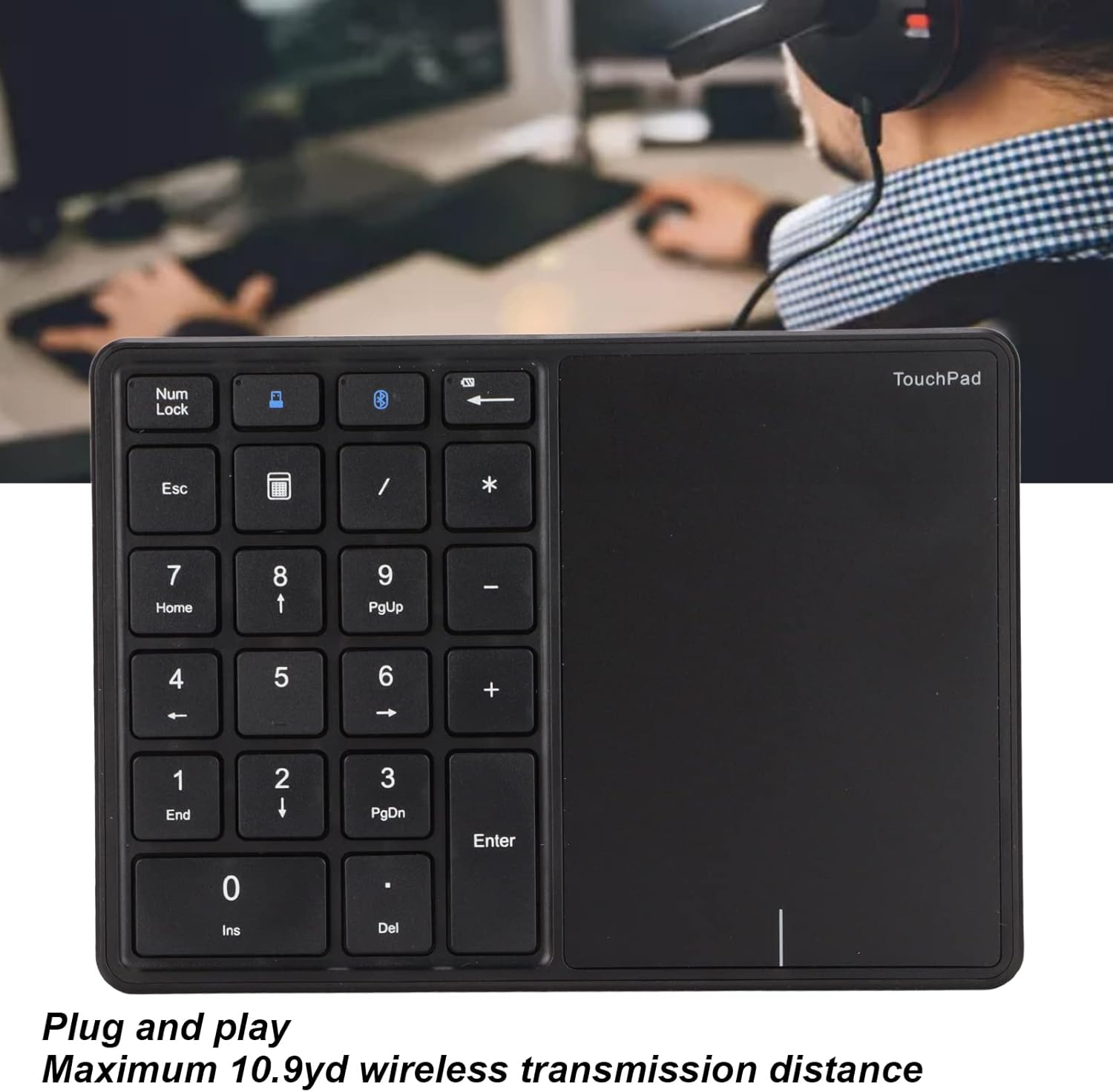 Tastierino Numerico Wireless 2 in 1 con Touchpad, Nero - immagine 3