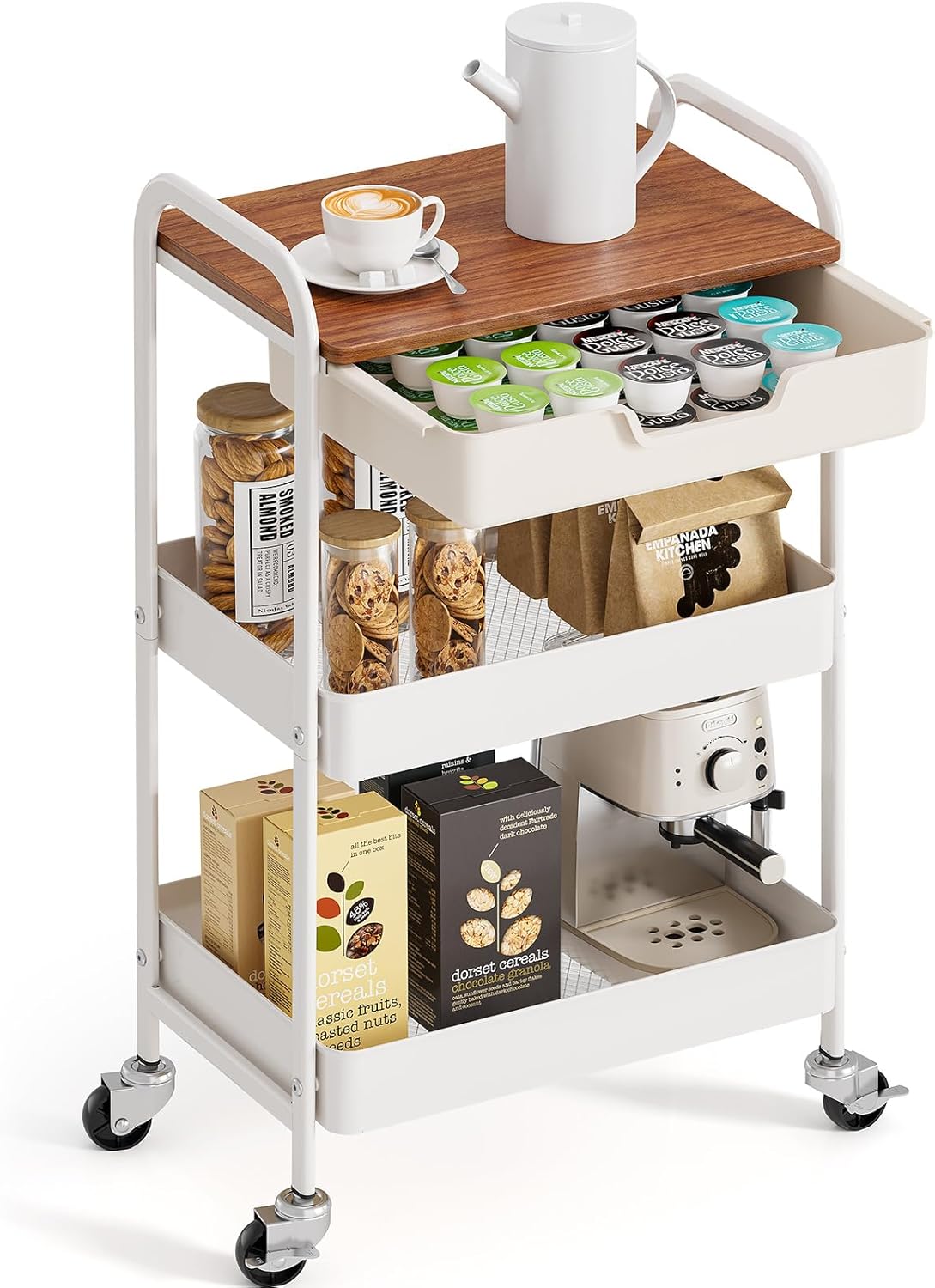 Kingrack Carrello Cucina 3 Ripiani con Cassetti, Bianco