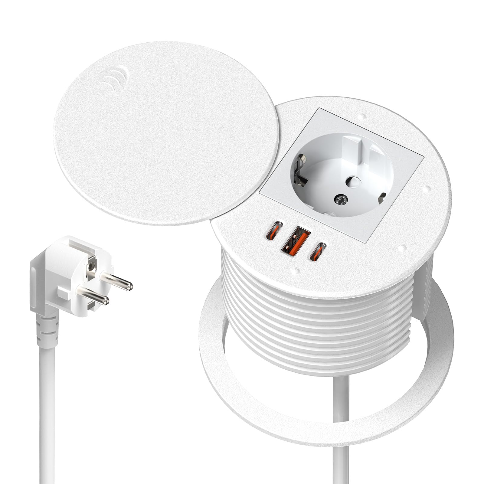 Presa da incasso con USB-C PD35W e USB-A 30W, presa da tavolo Sewingvr con coperchio, presa a scomparsa con 3 USB, cavo da 1,8 m, colore bianco