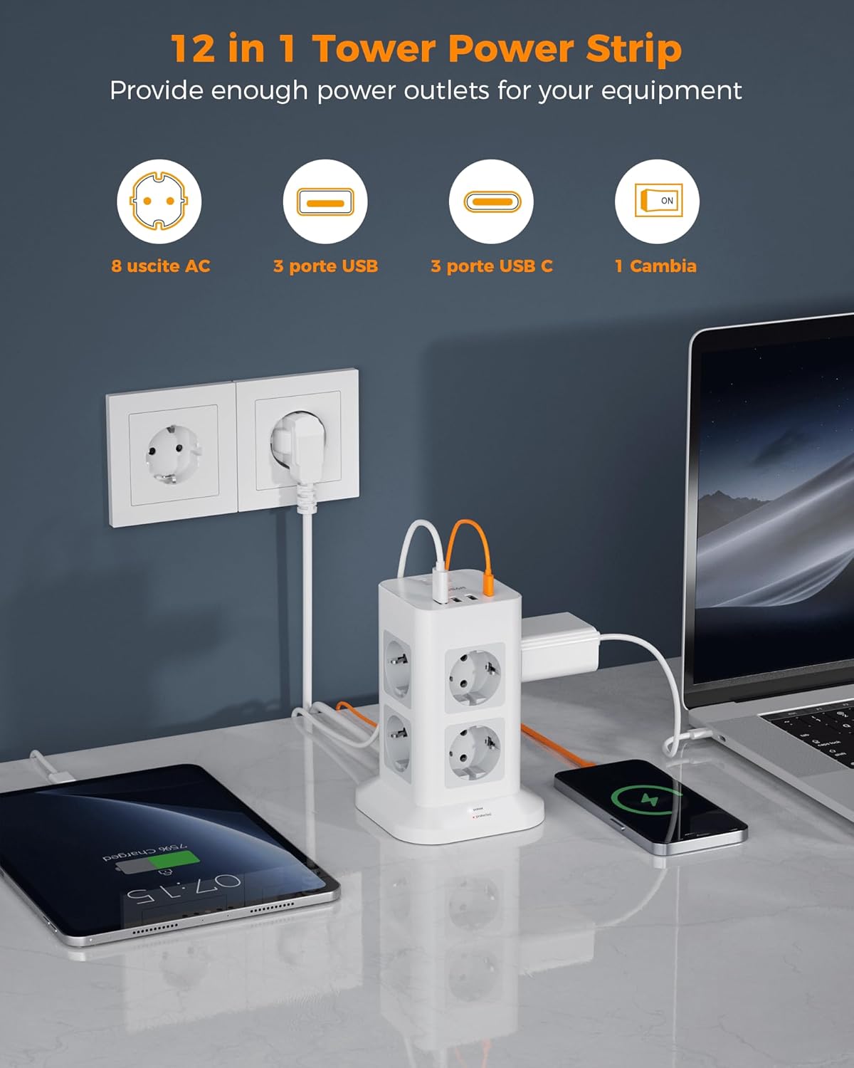 Tessan Ciabatta Multipresa con 4 USB e 10 Metri Cavo - immagine 2