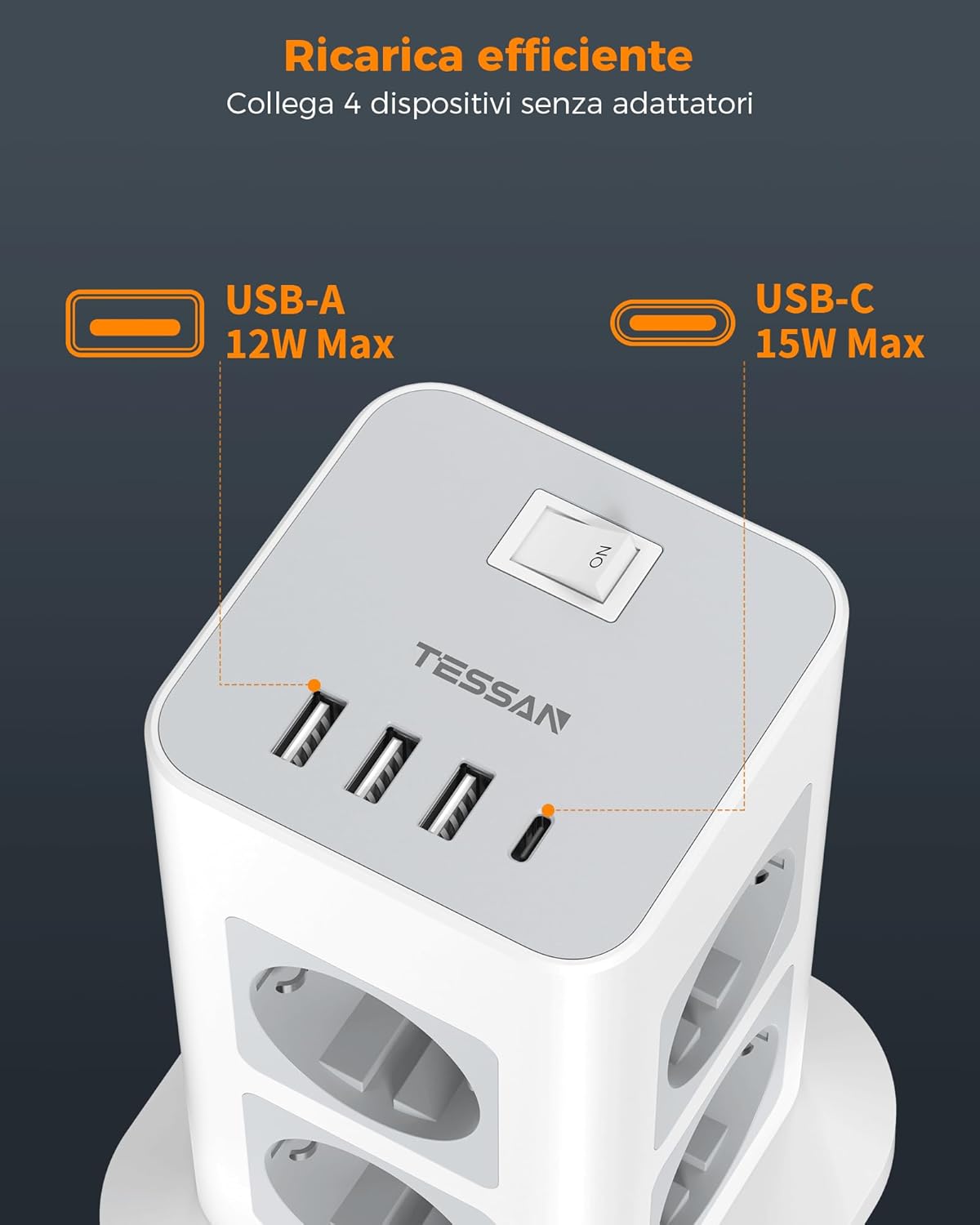 Tessan Ciabatta Multipresa con 4 USB e 10 Metri Cavo - immagine 3