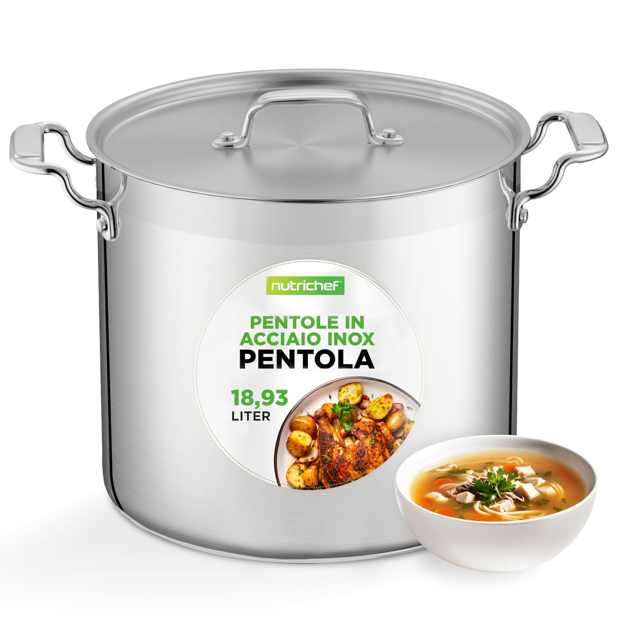 Nutrichef Pentola Acciaio Inox 19 Litri con Coperchio