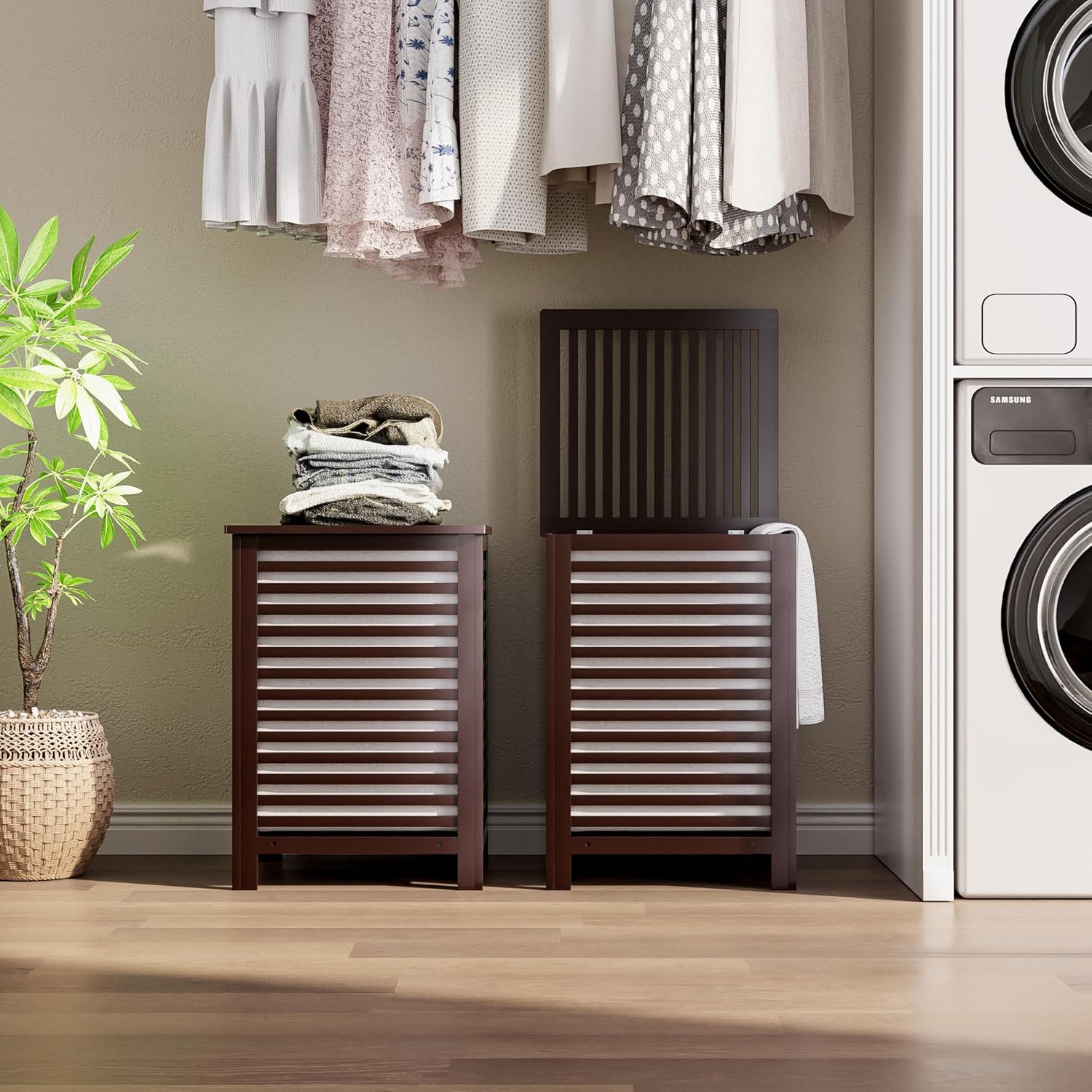 Smibuy Cesto Biancheria Doppio con Coperchio 120L, Marrone - immagine 3