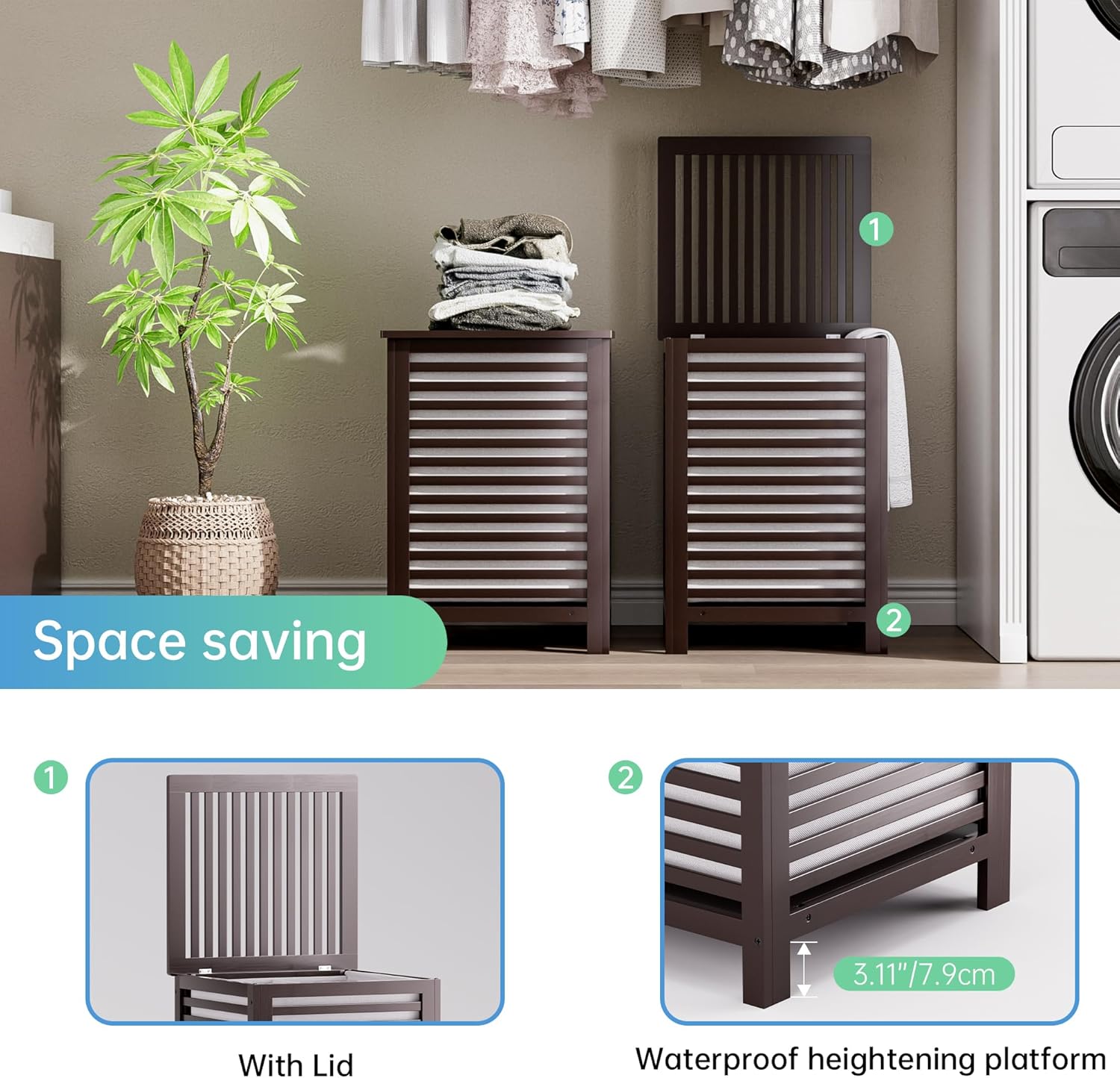 Smibuy Cesto Biancheria Doppio con Coperchio 120L, Marrone - immagine 5