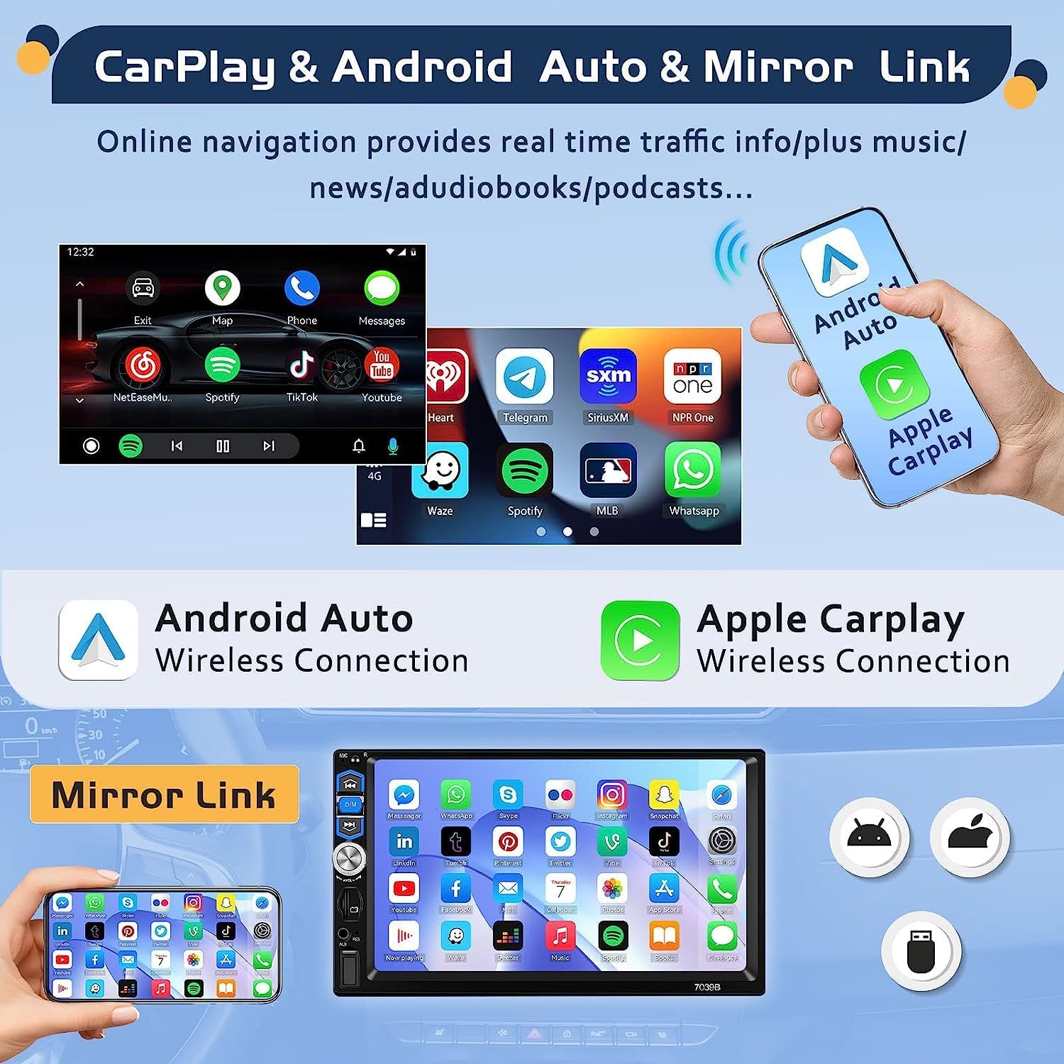 Hikity 1 Din Autoradio Carplay Wireless Android Auto - immagine 2