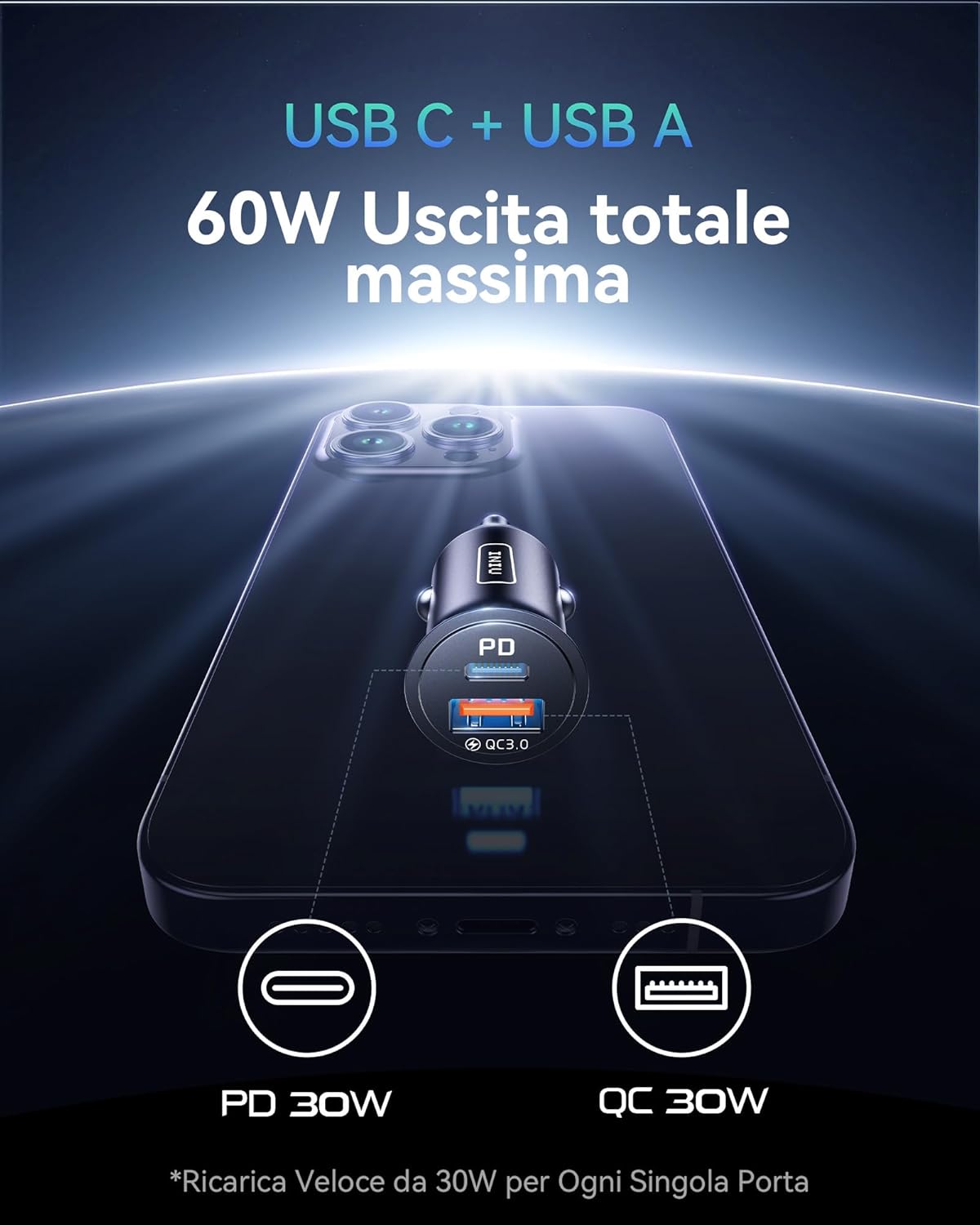 Iniu Caricabatteria per Auto 60W USB C PD & QC 3.0, Argento - immagine 2