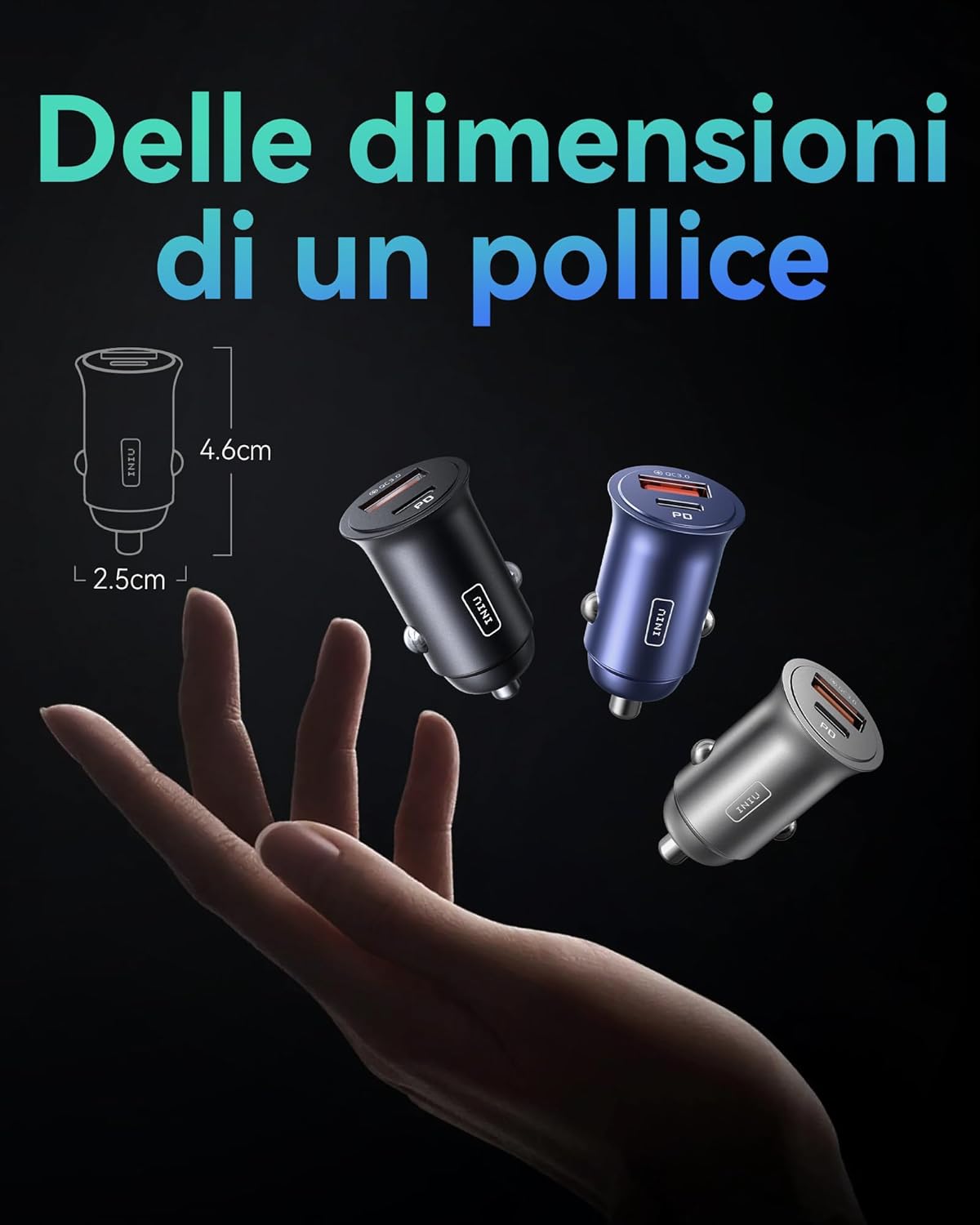 Iniu Caricabatteria per Auto 60W USB C PD & QC 3.0, Argento - immagine 4