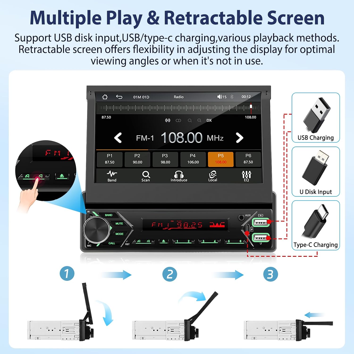 Podofo 1-DIN Autoradio Met 7 Inch Scherm – Carplay & Android Auto – Bluetooth Handsfree, FM Radio, Spiegelverbinding, USB & Achteruitrijcamera