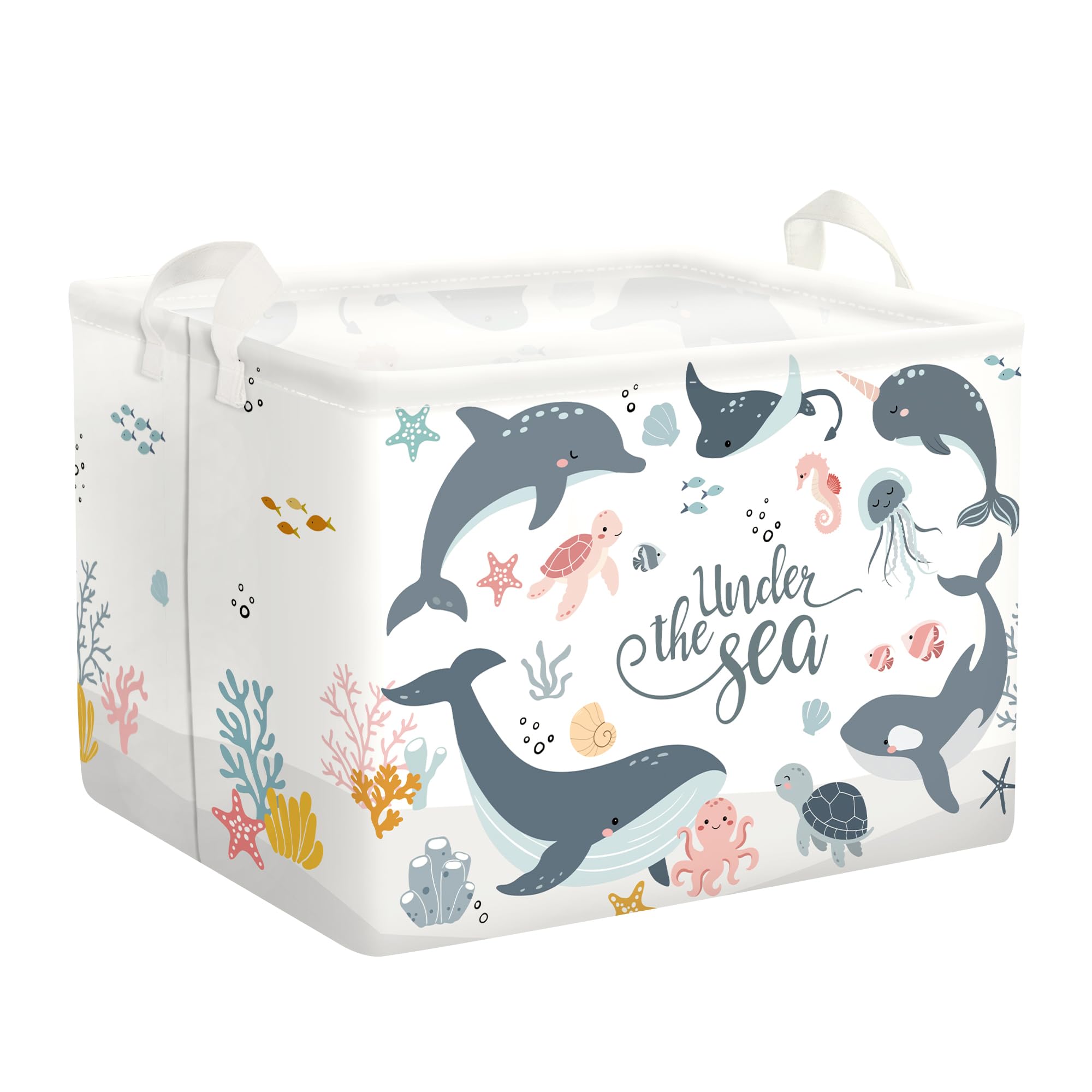 Grande Cesta Porta Biancheria Animali Marini Pieghevole Cestini Portaoggetti Giocattoli/Vestiti per Genitore Cesta Indumenti Sporchi per Bagno, Delfini Blu, 36L