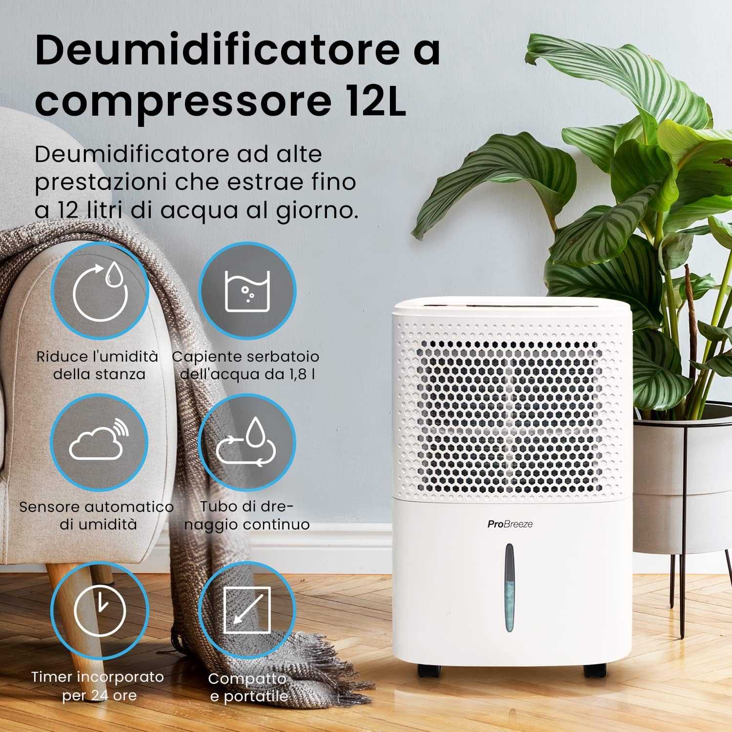 Pro Breeze Deumidificatore 12L/Giorno con Display Digitale - immagine 2