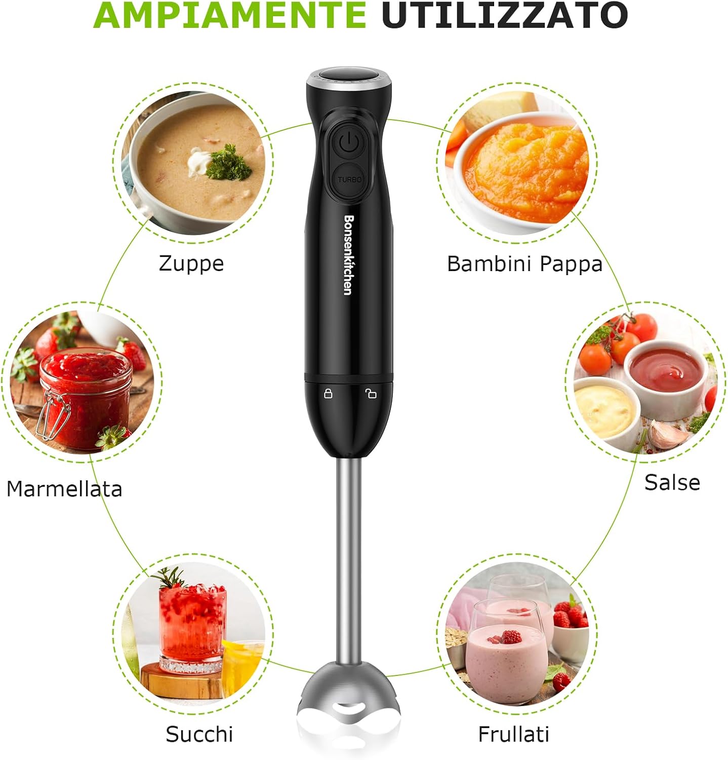 Bonsenkitchen Frullatore a Immersione 1000W, Nero - immagine 2