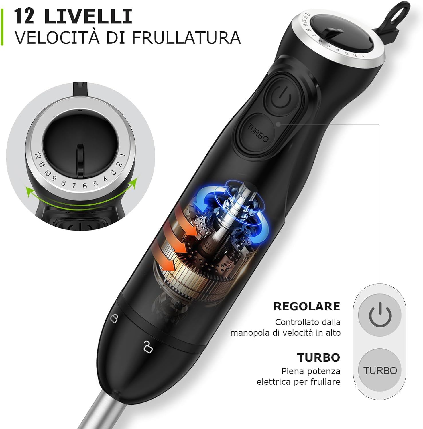 Bonsenkitchen Frullatore a Immersione 1000W, Nero - immagine 3