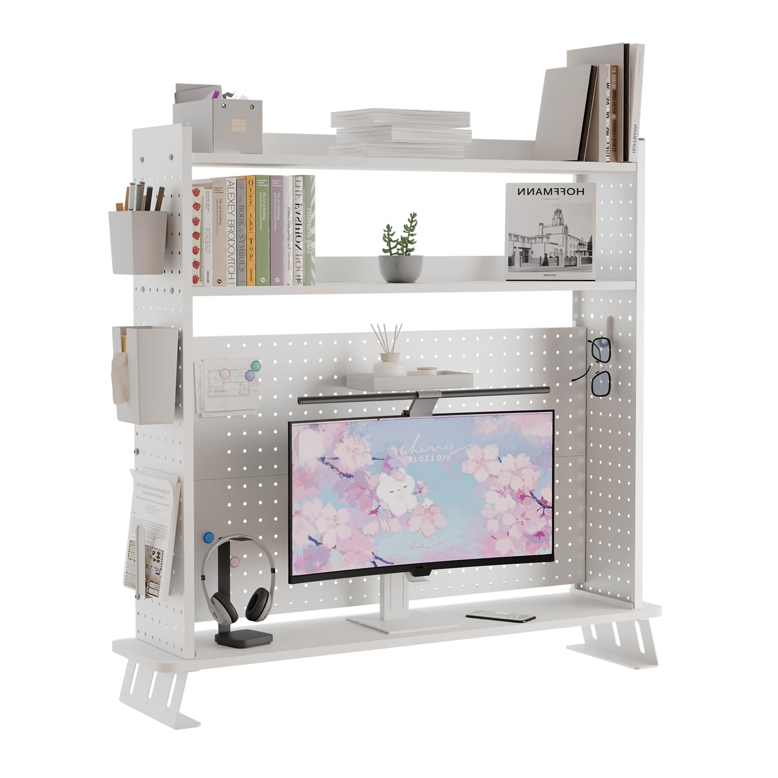 Mensola da scrivania a 2 livelli, con monitor riser, 100 cm, colore bianco