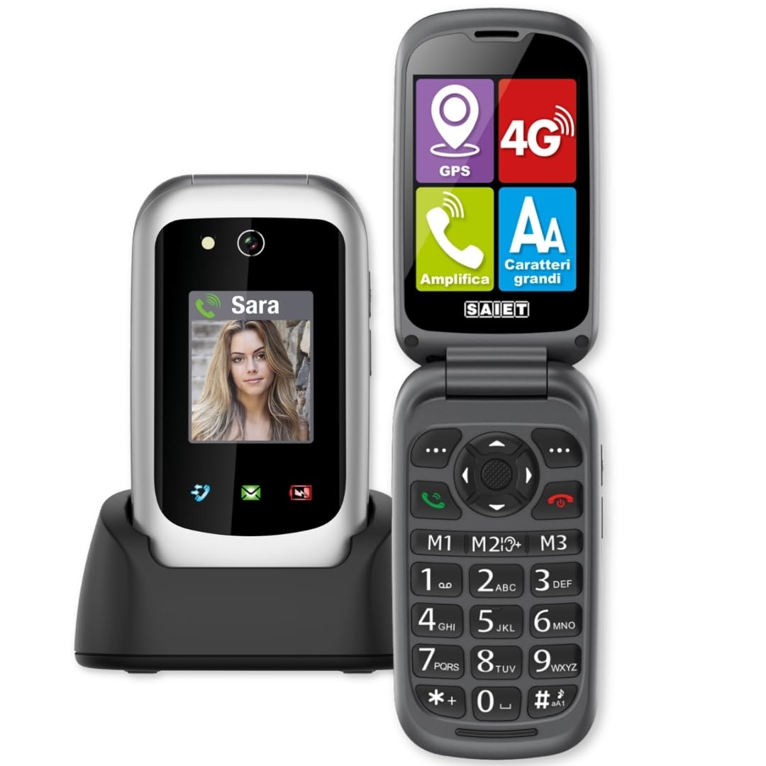 SAIET Prime GPS Cellulare per Anziani 4G con Tasto SOS, Localizzazione GPS, Doppio Display e Audio Potenziato, con Base di Ricarica e Torcia LED – Facile da Usare, Sicuro e Affidabile - Silver