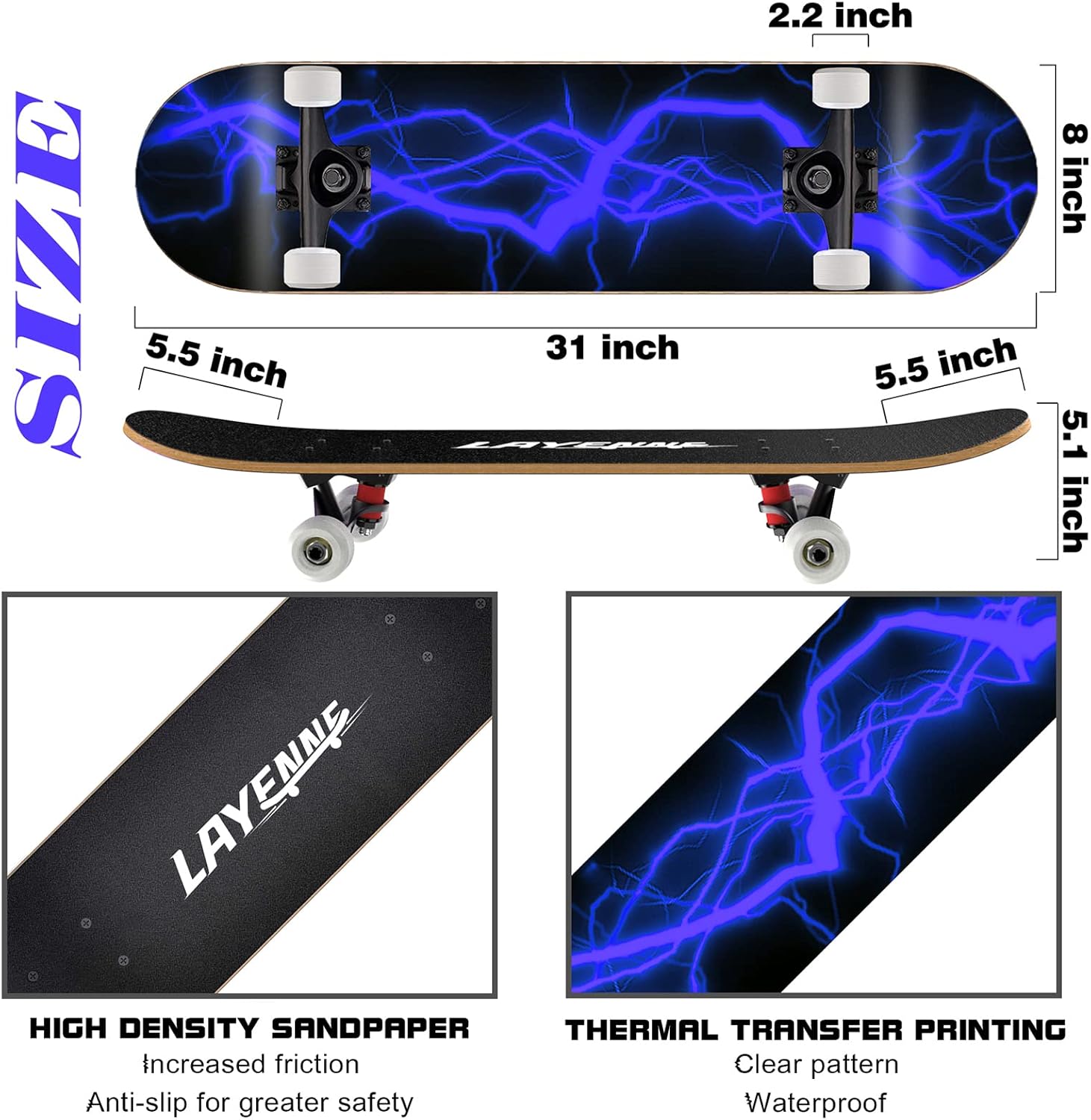 Layenne Skateboard Completo Professionale 31x8" - immagine 2