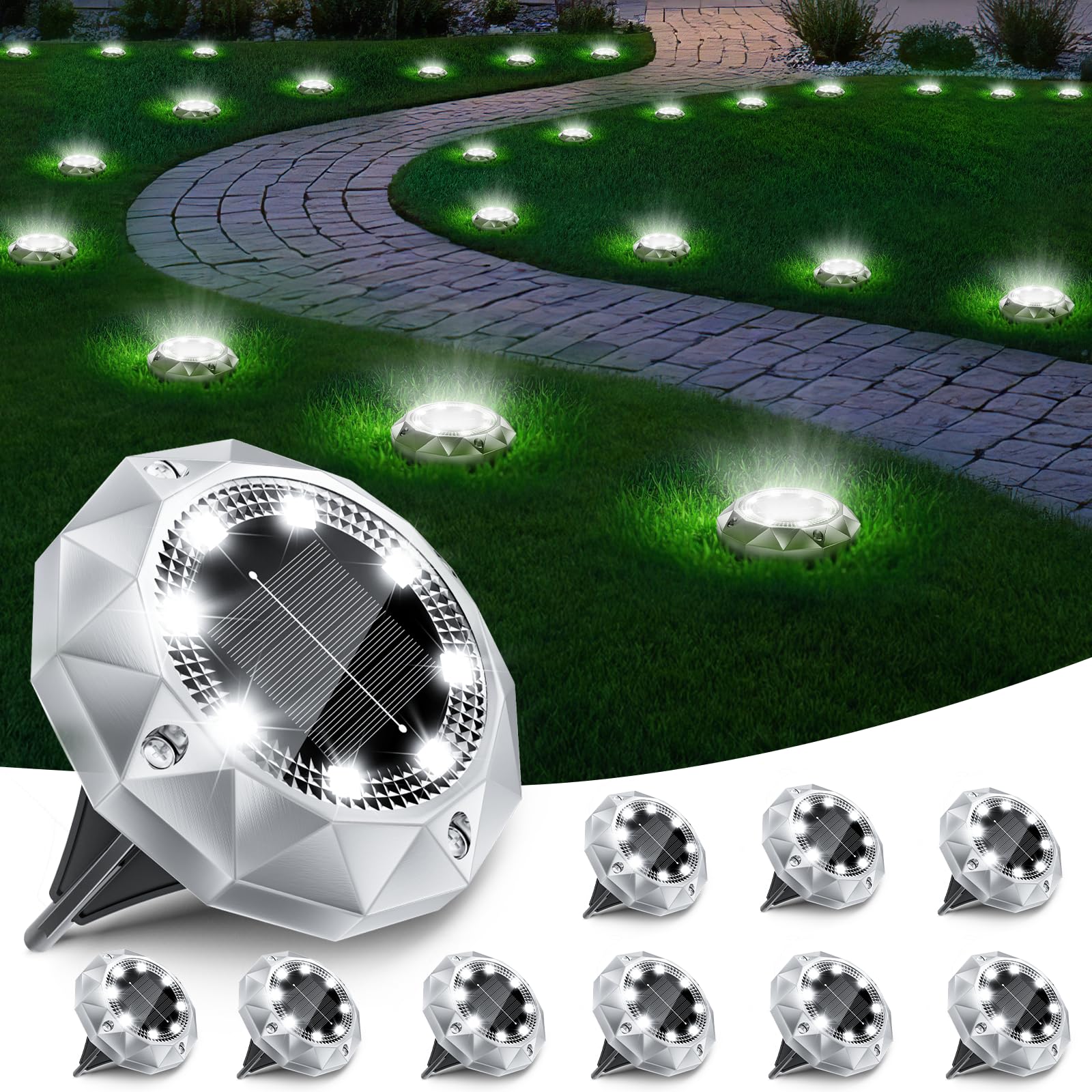 10 Pezzi Luci Solari da Giardino 8 LED, Bianco Freddo