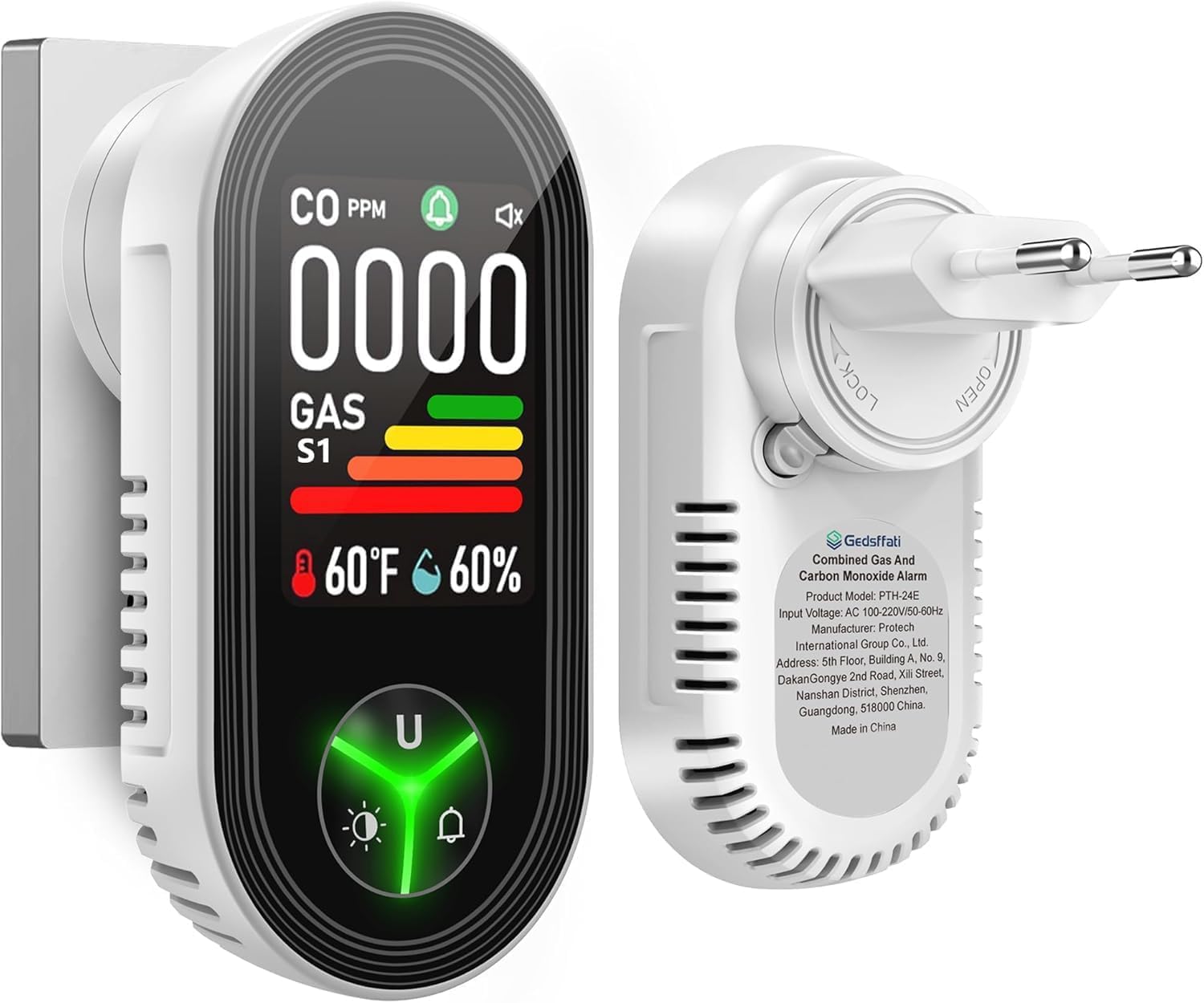 Rilevatore Gas e Monossido di Carbonio con Spina, Bianco
