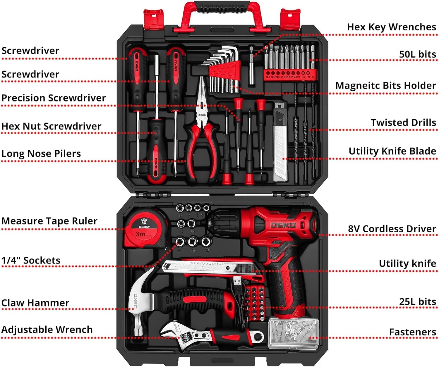 DEKO Cassetta Attrezzi Completa con Trapano Avvitatore 8V, Rosso - immagine 2