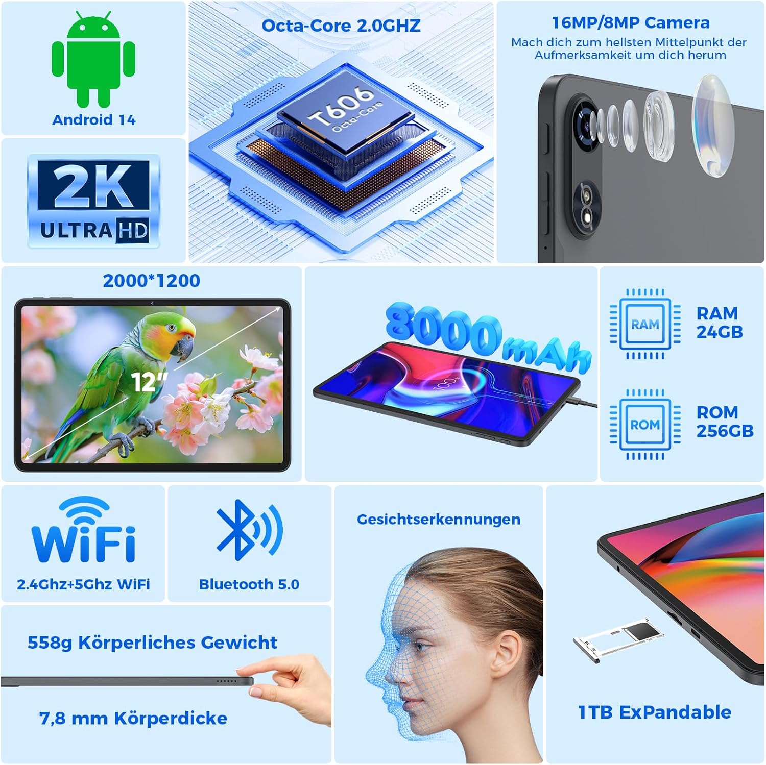 JJGJ Tablet Android con tastiera, 10 pollici Android (argento) - immagine 3