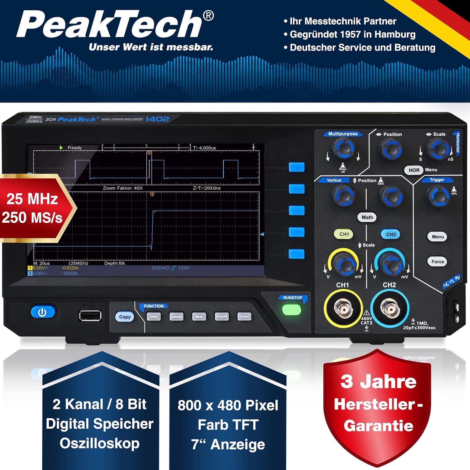 PeakTech 1402 - Oscilloscopio Digitale 2 Canali 20 MHz - immagine 2