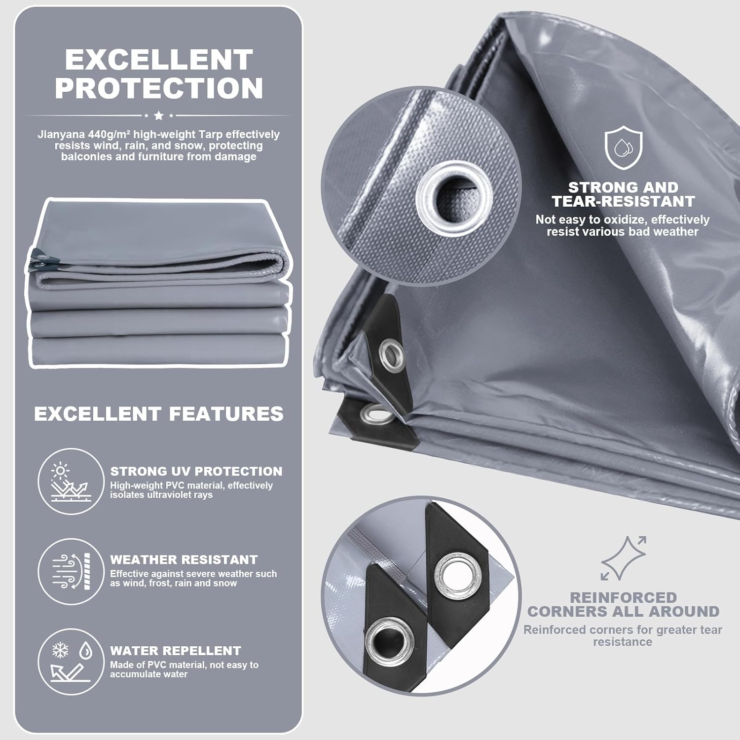 Telone PVC 440 g/m² Occhiellato Impermeabile, Grigio - immagine 2