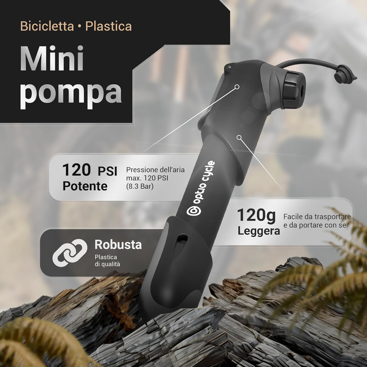 Optio Cycle Mini Pompa Bici Portatile 120 PSI - immagine 2
